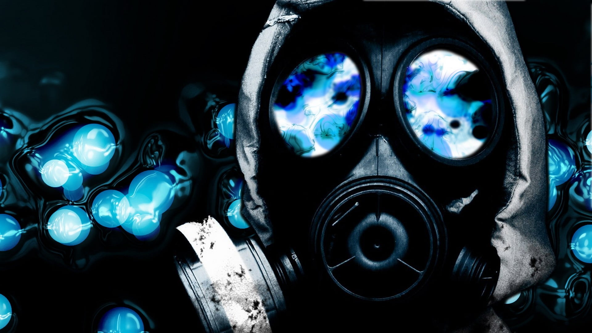 science, shape, wheel, human representation, black background, steering, gas masks, geometric shape, black, blue, light - natural phenomenon, technology, HD Wallpaper