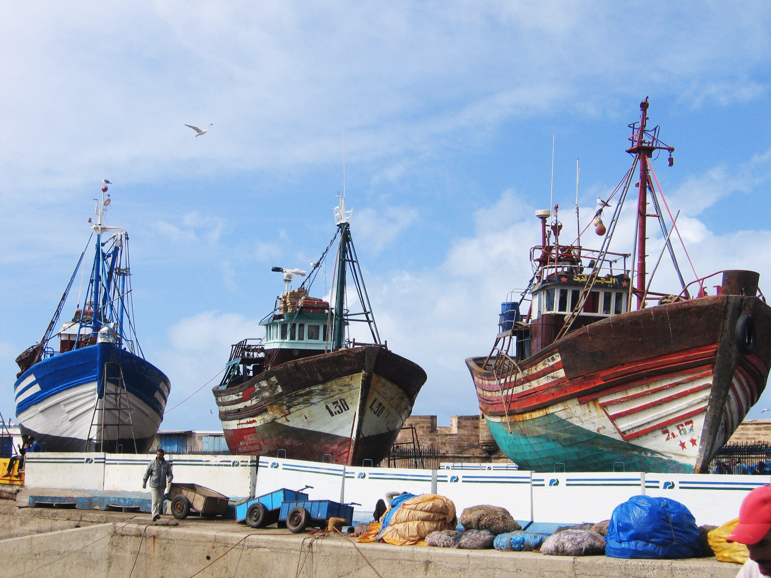 nautical vessel, mode of transportation, port, essaouira, outdoors, day, ship, sky, trawler, business, 2K, commercial dock, nature, sailboat, moored, sea, HD Wallpaper