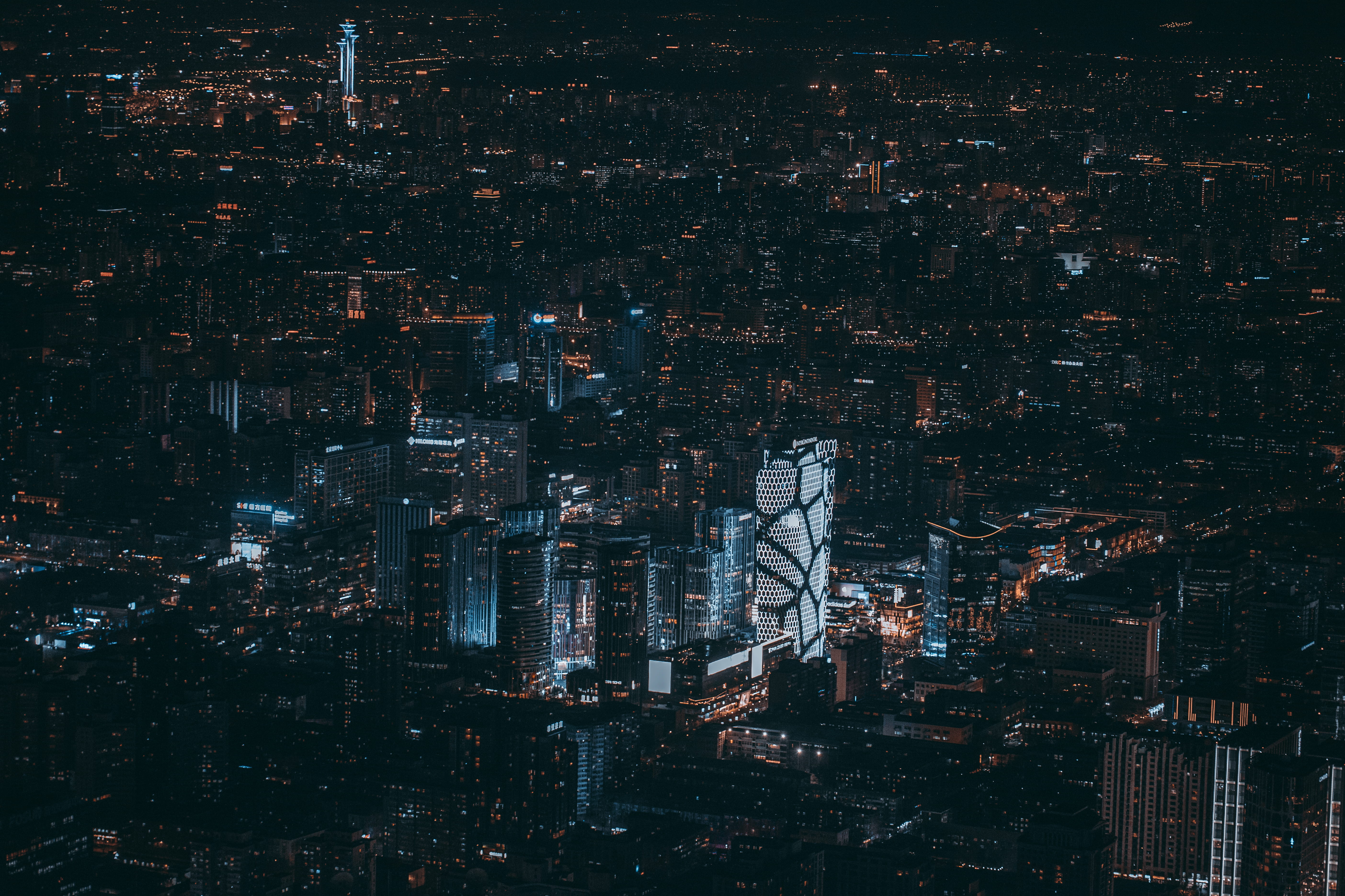 building exterior, illuminated, architecture, building, aerial, view, time, high, outdoors, rise, china, photography, 5K, high angle view, built structure, HD Wallpaper