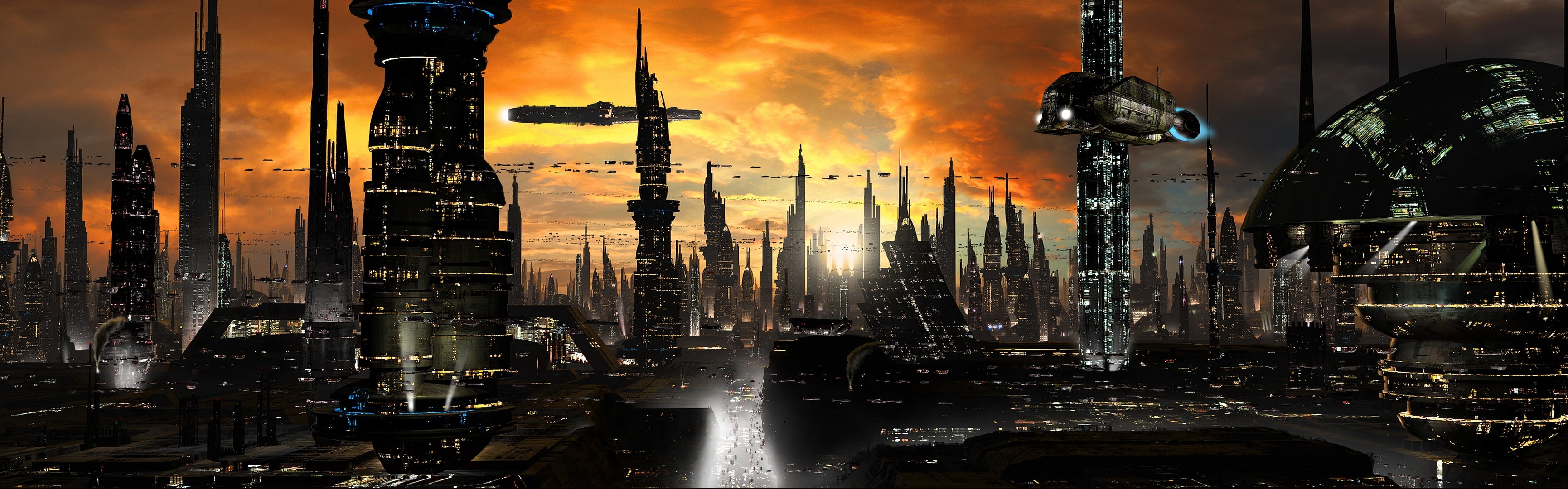 sky, factory, smoke - physical structure, sunset, fire, tower, dark, road, tourism, skyscrapers, sci-fi, dusk, skyscraper, track, architecture, air pollution, HD Wallpaper