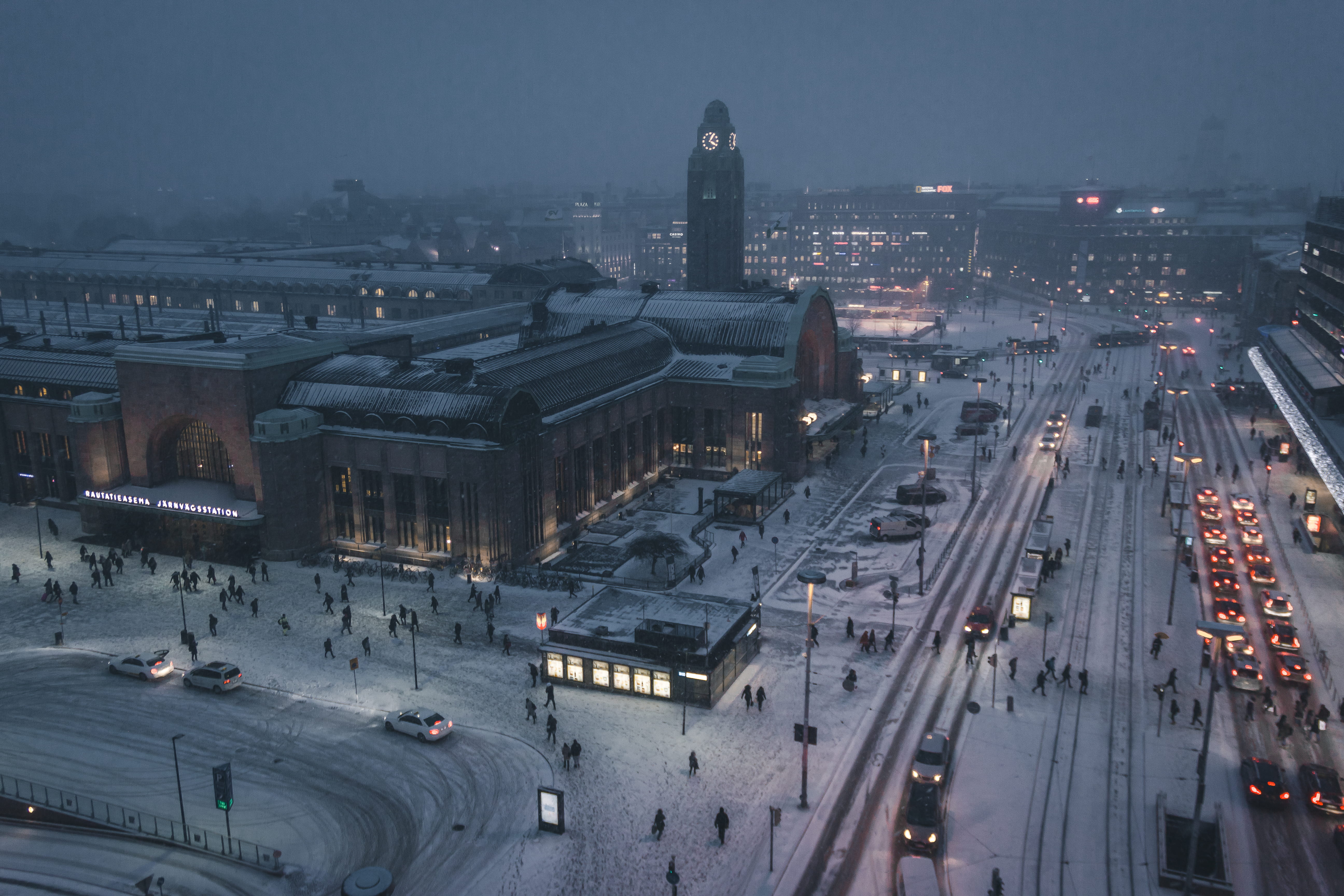 built structure, time, road, city life, dark, 5K, snow, station, photography, business, skrwt, dusk, car, walk, architecture, cityscape, clock, tower, HD Wallpaper