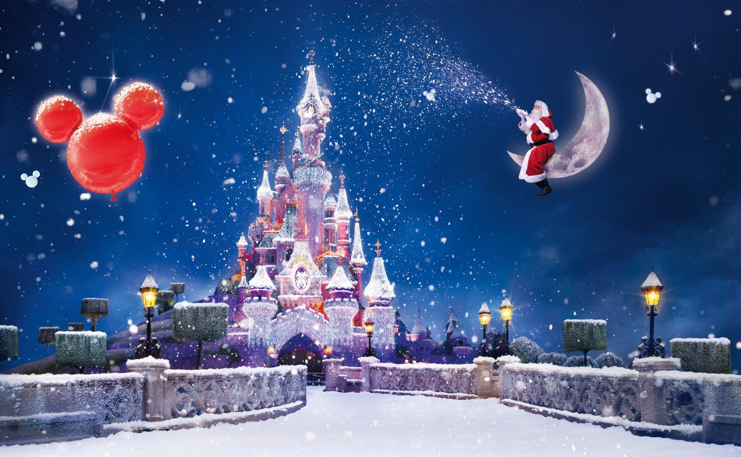 moon, balloons, santa, illustration, christmas, 2K, holiday, castle, claus, magic, santa claus, disneyland, snow, HD Wallpaper