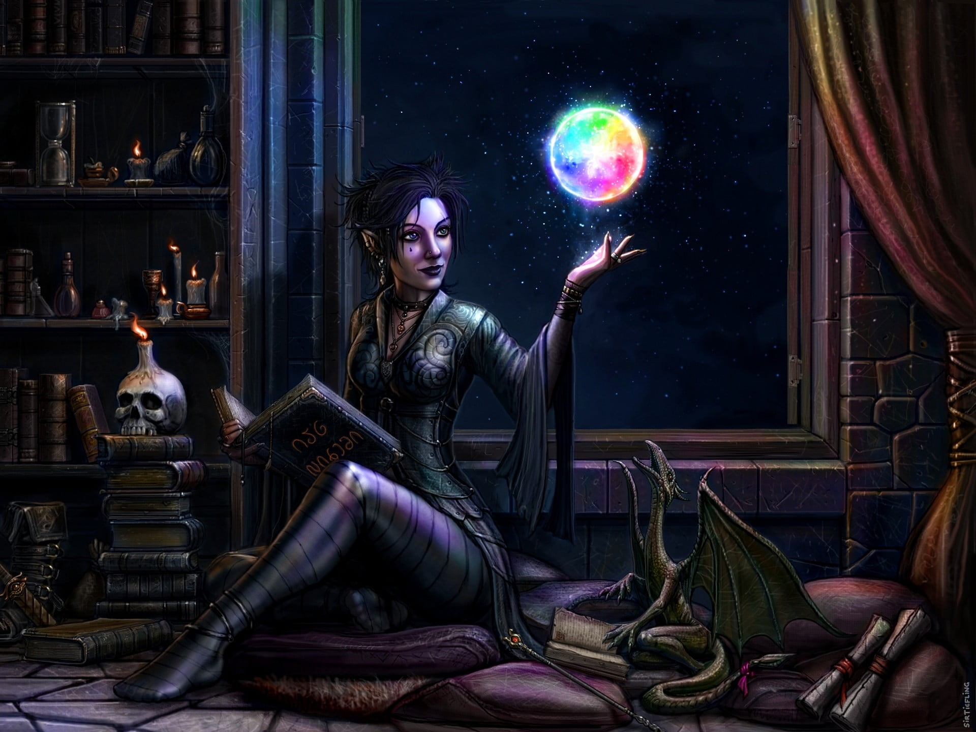 architecture, holding, indoors, painting, Moon, clothing, digital art, bubble, fantasy art, adult, mid adult, beautiful woman, book, young women, full length, HD Wallpaper