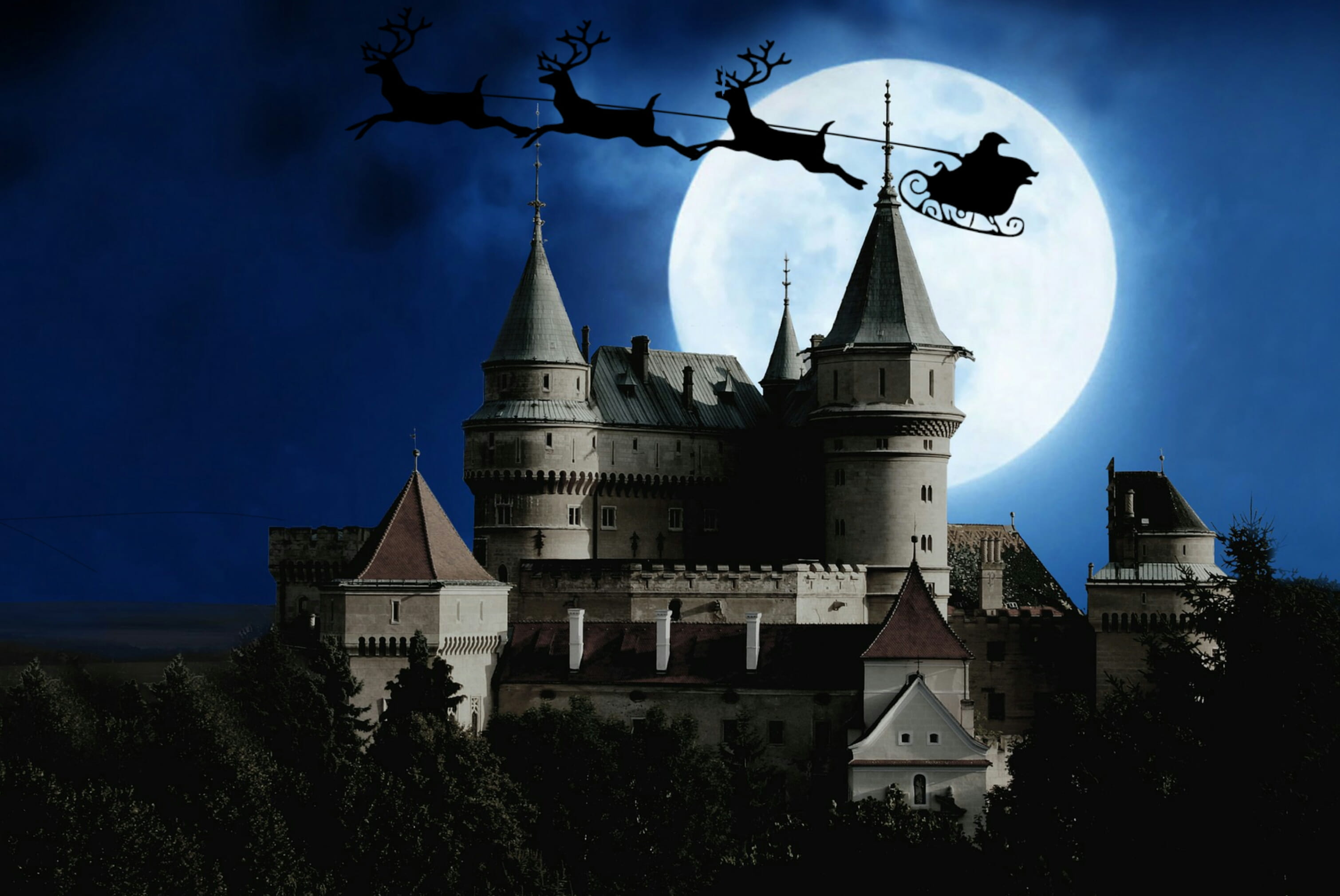 gift, sky, sledge, reindeer, architecture, magic, building, plant, santa claus, night, dusk, castle, eve, no people, built structure, happy new year, newyear, HD Wallpaper