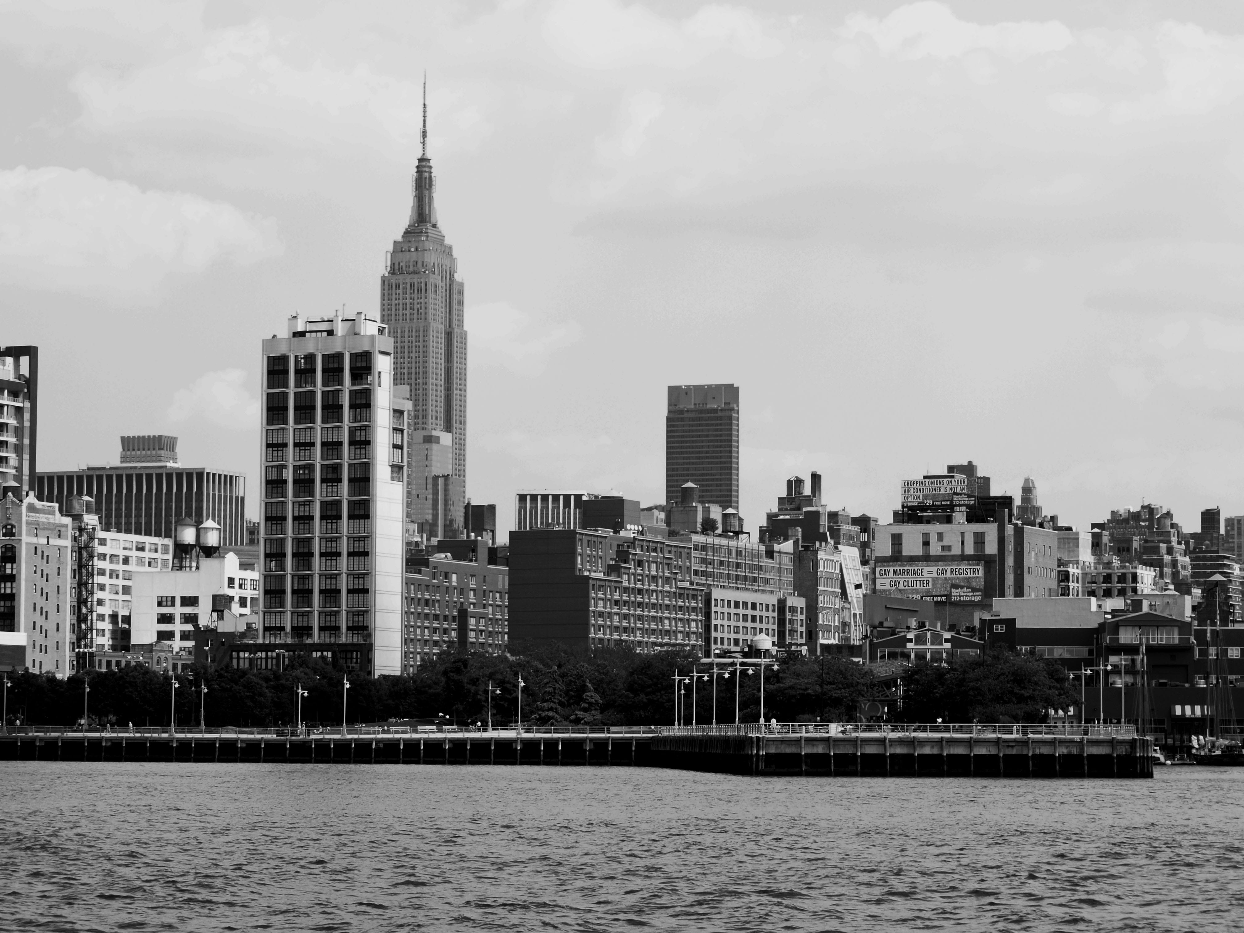 landmark, grayscale, destination, tall - high, urban Scene, river, downtown, 4K, new york city, skyscraper, nyc, architecture, sightseeing, Cityscape, HD Wallpaper