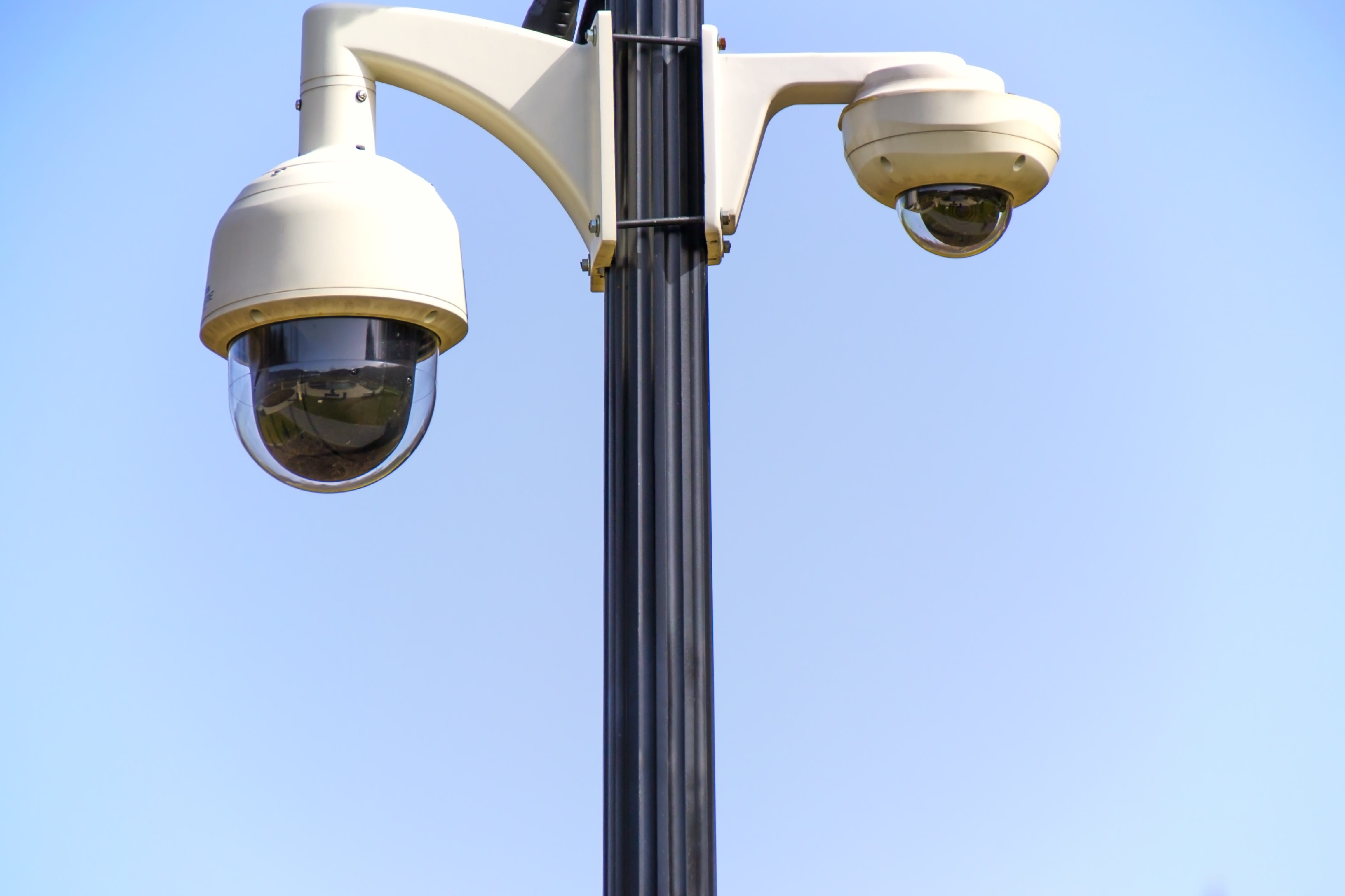 electric lamp, street light, lighting equipment, industry, video registration, external cameras, no people, copy space, day, sky, outdoors, low angle view, HD Wallpaper