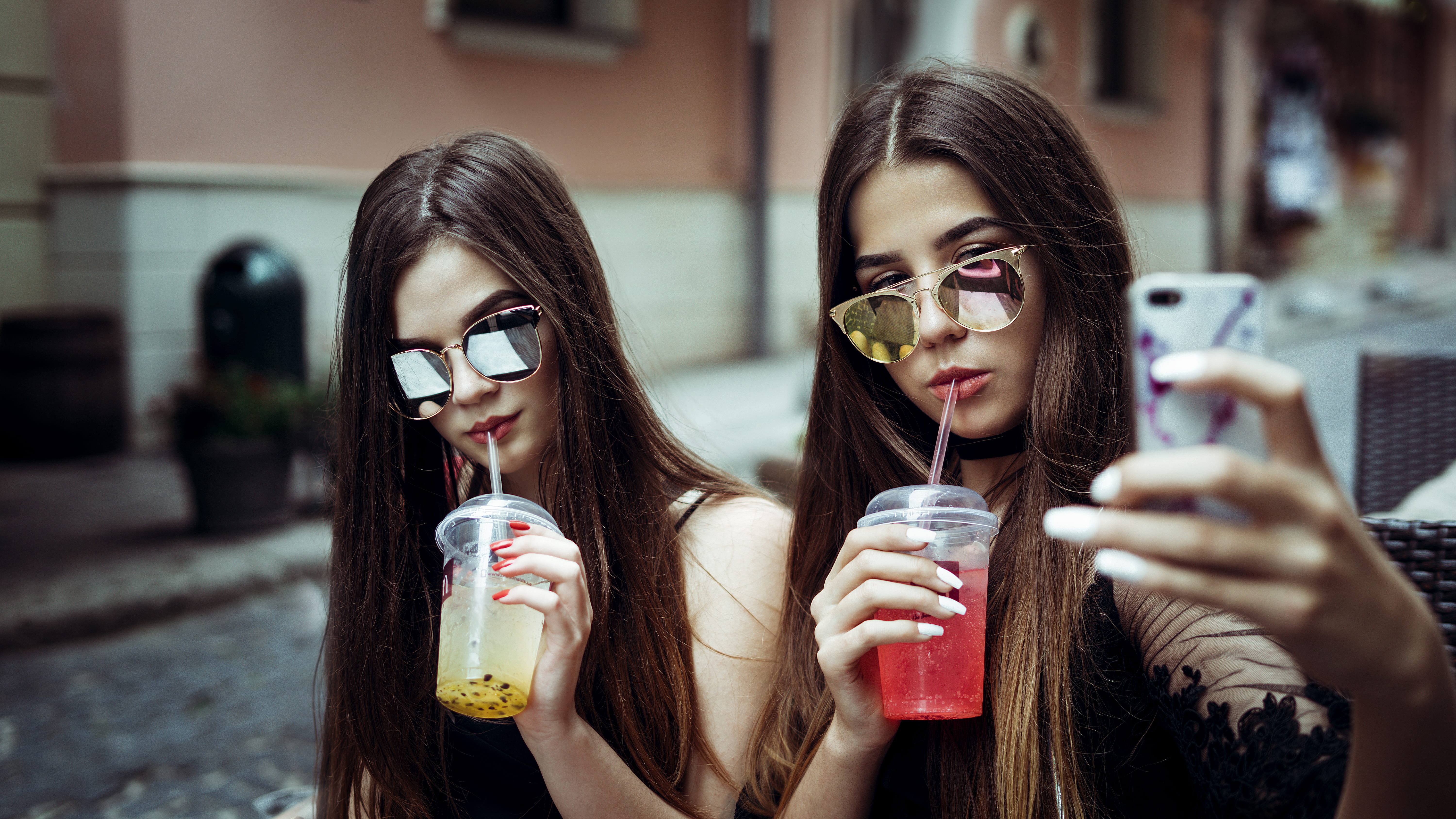 taking, girl, drink, selfie, technology, togetherness, cocktail, street, two people, enjoyment, mobile, drinking, teenager, food and drink, fashion, sipping, HD Wallpaper