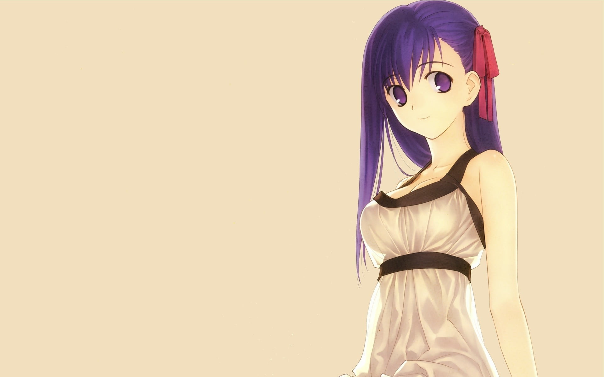 standing, women, studio shot, yellow, leisure activity, indoors, waist up, purple hair, purple eyes, anime girls, obscured face, portrait, one person, character, HD Wallpaper