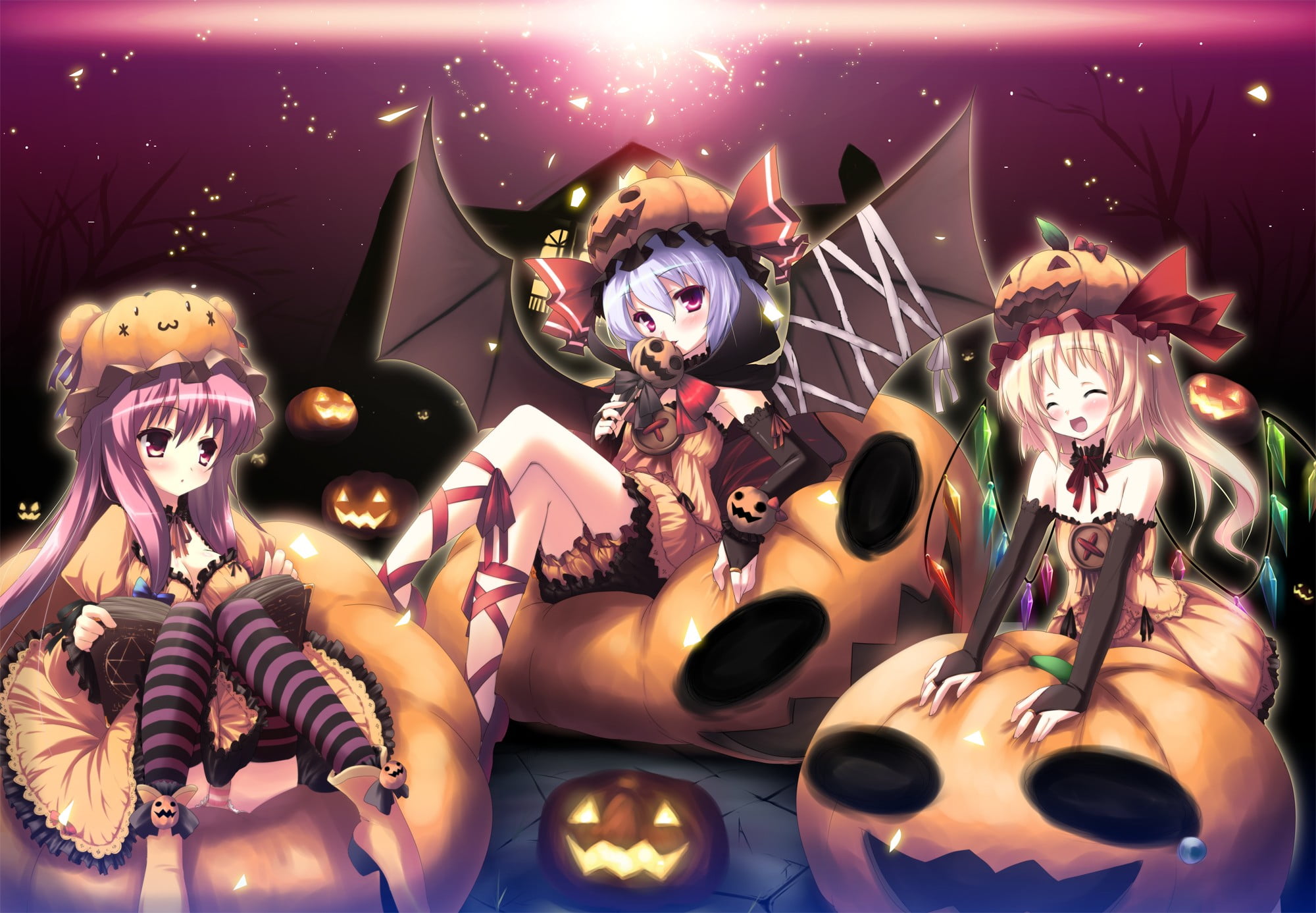 Touhou, Halloween, variation, anime, female likeness, representation, still life, indoors, pumpkin, anime girls, choice, Flandre Scarlet, human representation, HD Wallpaper
