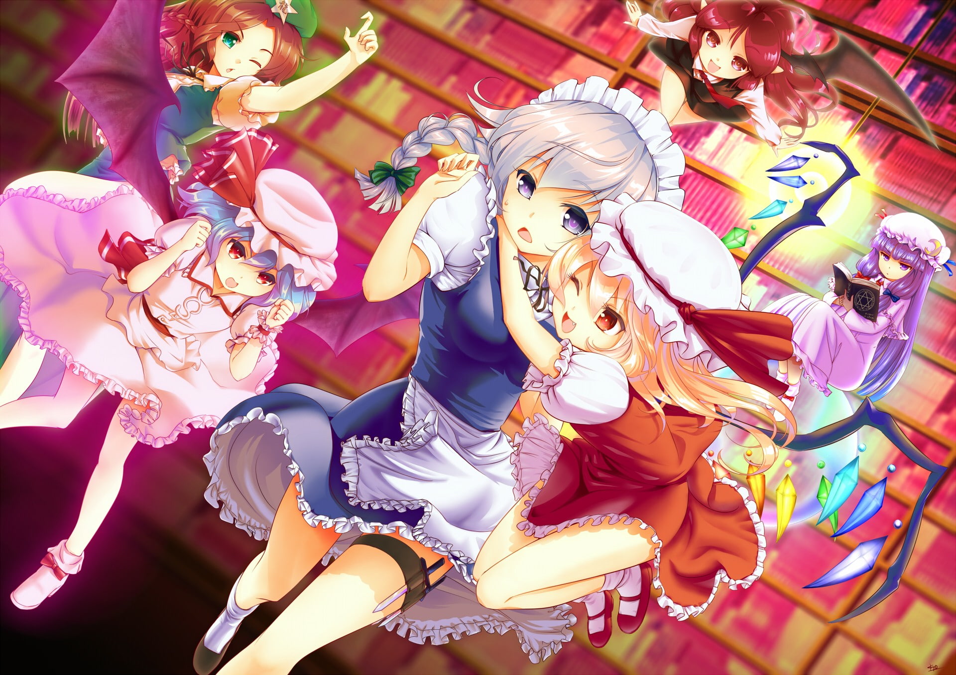 Koakuma, Flandre Scarlet, 1080P, Touhou, arts culture and entertainment, multi colored, carousel, human representation, art and craft, amusement park, HD Wallpaper