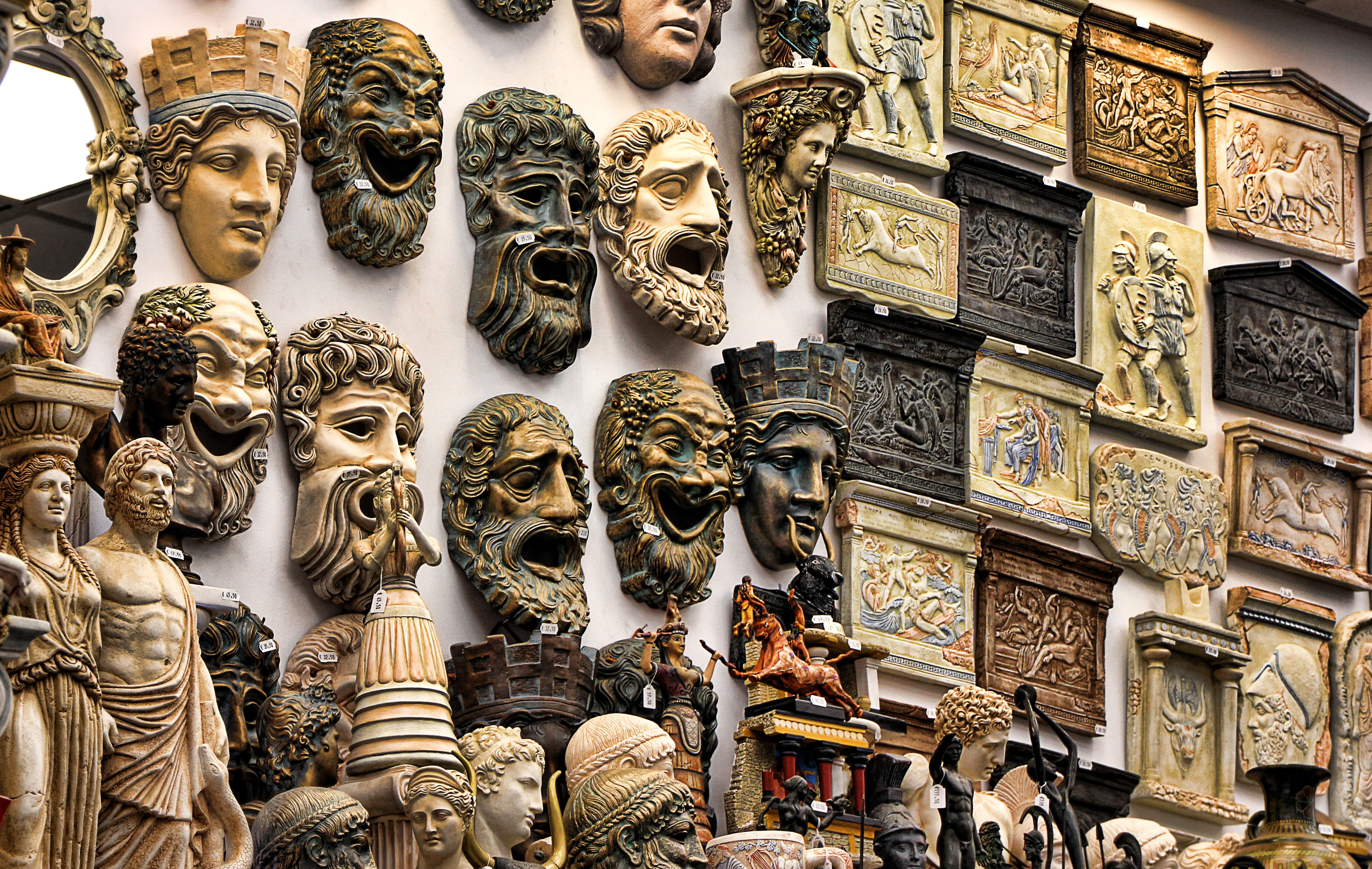 creativity, disguise, masks, architecture, variation, history, large group of objects, decors, female likeness, retail, wall, greece, sculpture, head, indoors, HD Wallpaper