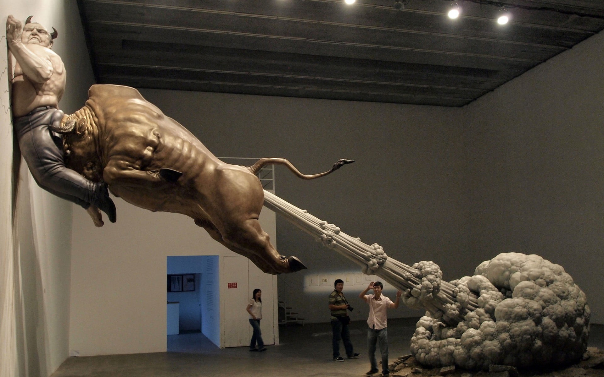 ceiling, people, colored, art and craft, bull, male likeness, creativity, 1080P, inside, room, sport, indoors, sculpture, real people, statue, craft, animal wildlife, HD Wallpaper
