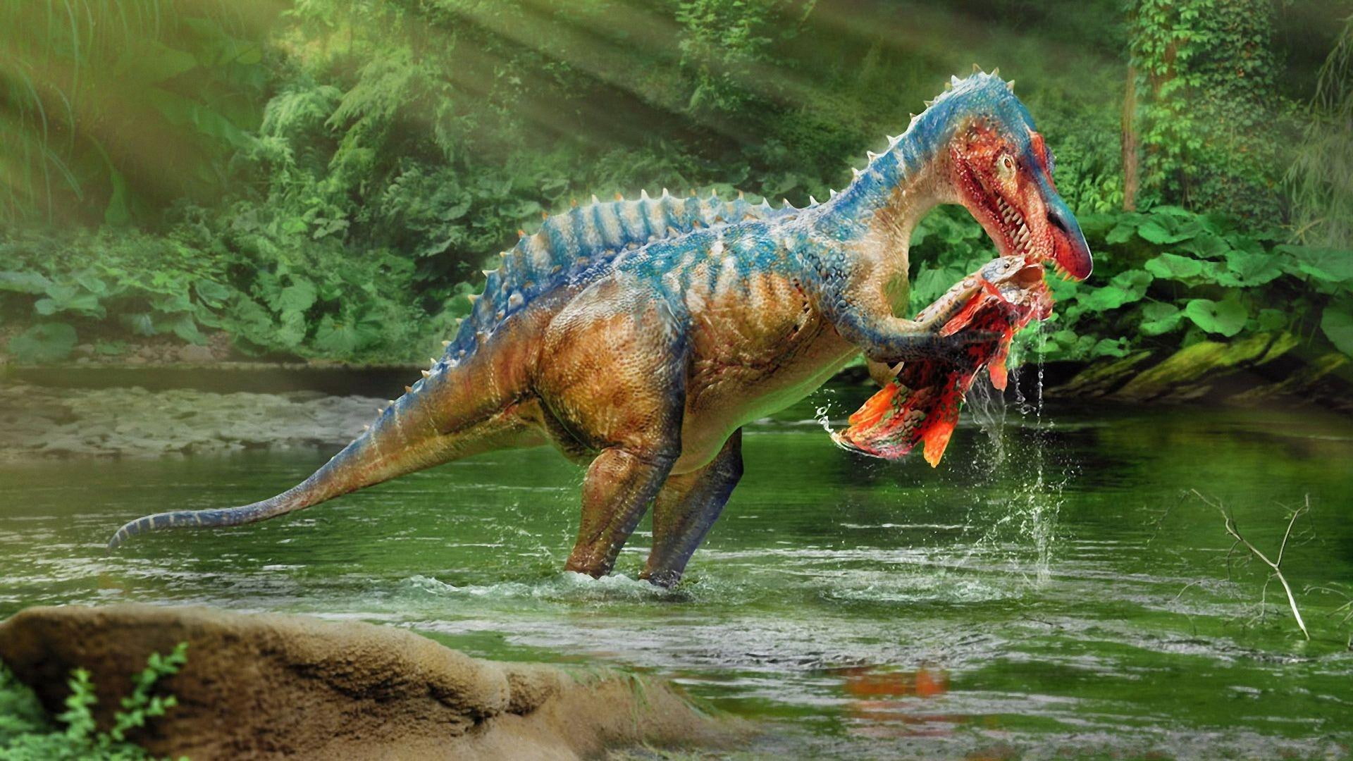 dinosaur, hunting, brown, fish, animals, food, river, 1080P, blue, HD Wallpaper
