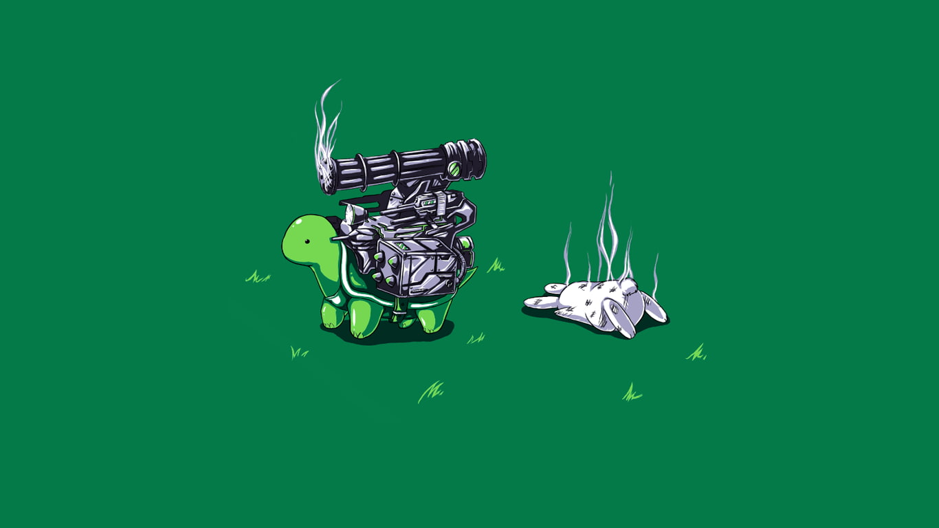 simple background, humor, artwork, minimalism, green, turtle, dark humor, 720P, rabbits, HD Wallpaper