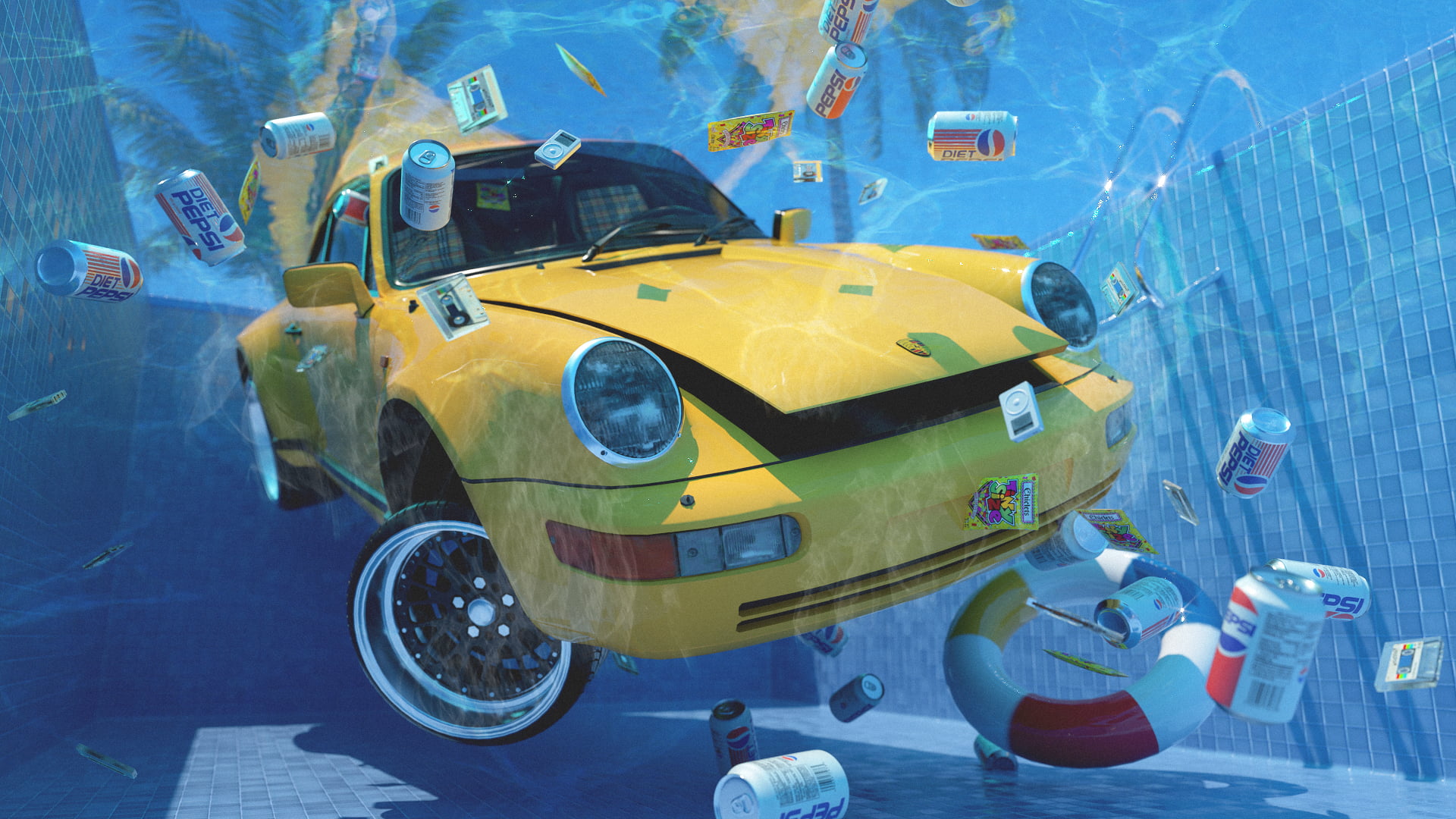 car, Pepsi, Porsche, 1080P, artwork, underwater, can, sinking, digital, HD Wallpaper