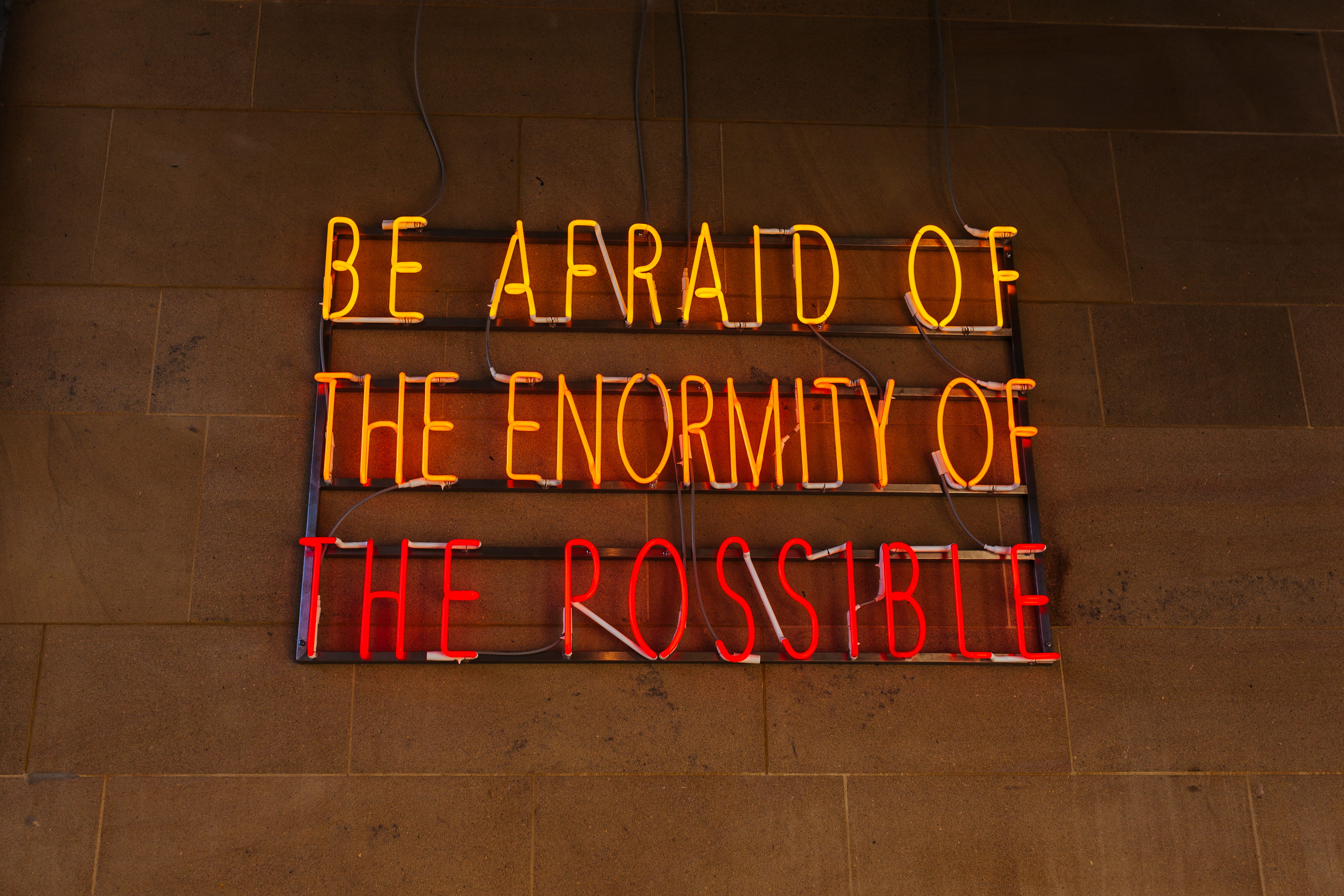architecture, day, capital letter, signage, design, quote, information sign, orthographic symbol, red, lighted, afraid, no people, message, neon, enformity, HD Wallpaper