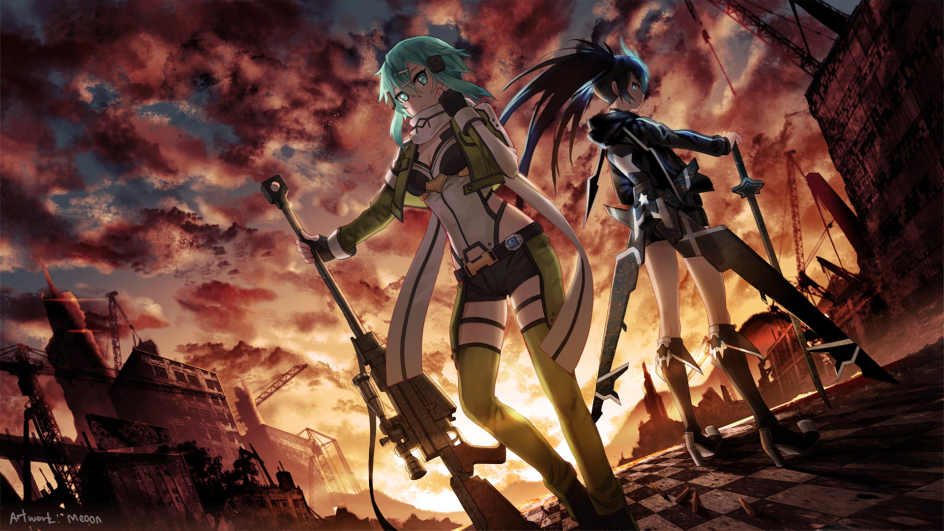 Anime, Crossover, Asada Shino, Black Rock Shooter, 1080P, Sword Art Online II, Mato Kuroi, Sinon (Sword Art Online), HD Wallpaper