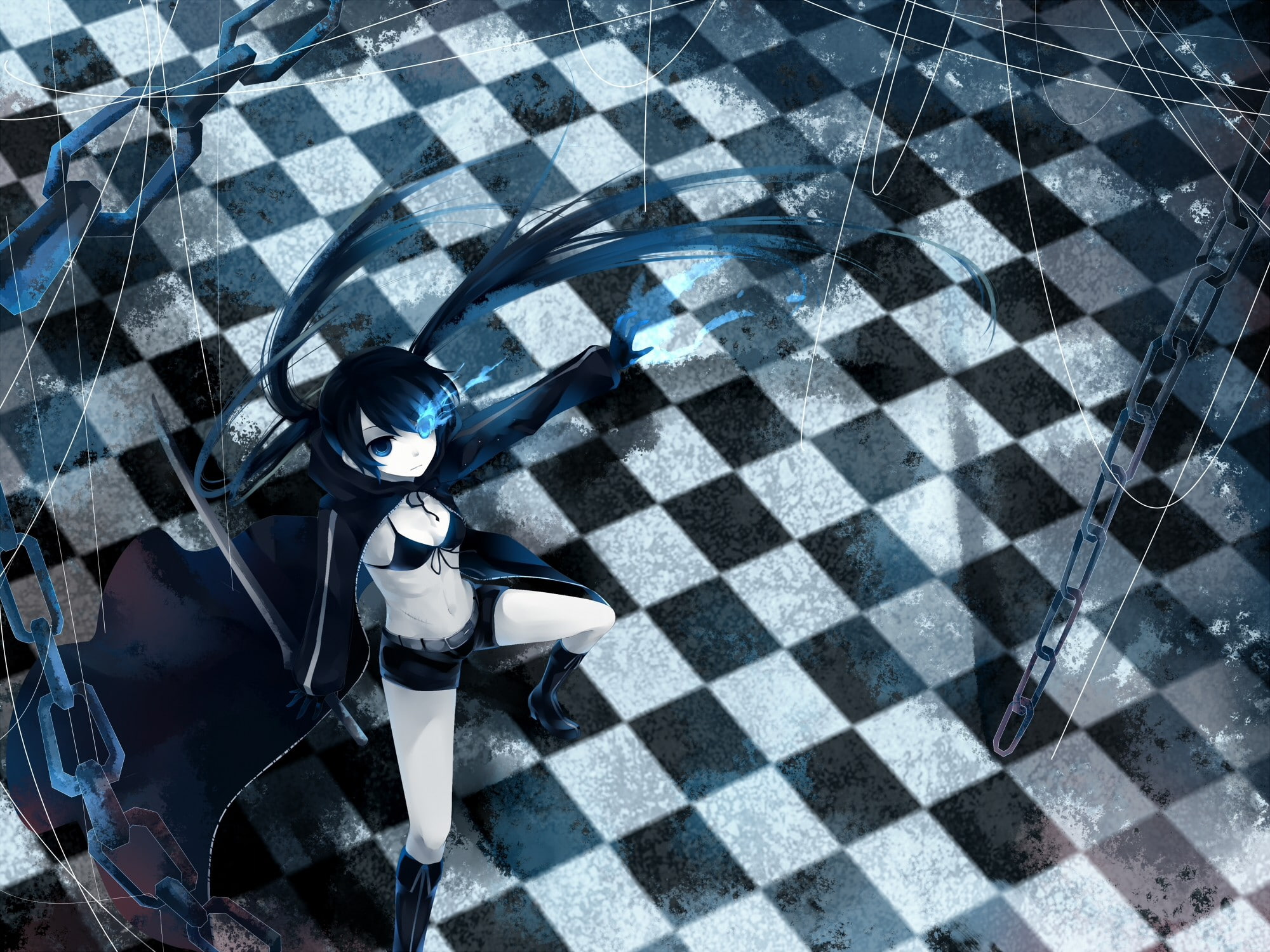 no people, relaxation, anime girls, arts culture and entertainment, leisure games, checked pattern, anime, Kuroi Mato, shape, flooring, tiled floor, chess board, HD Wallpaper
