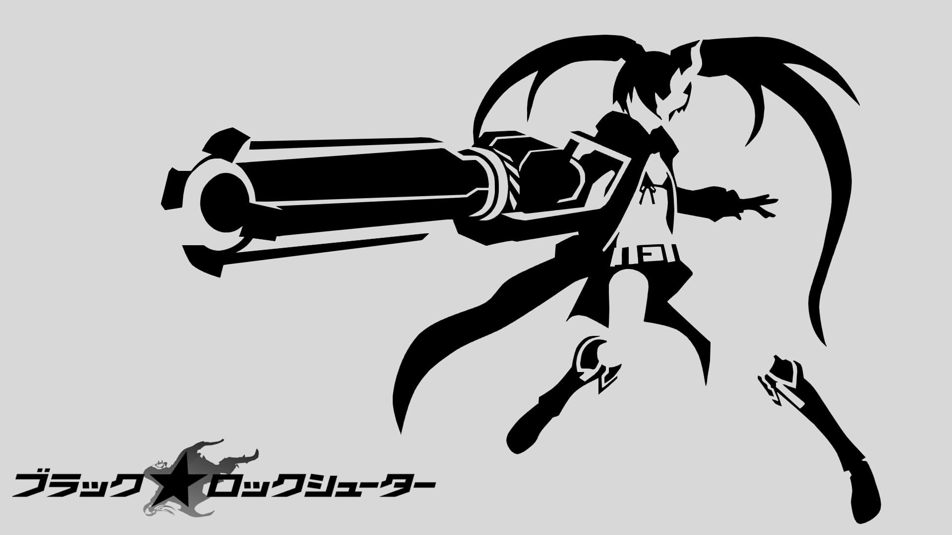 anime girls, text, nature, 1080P, Black Rock Shooter, white background, holding, weapon, lifestyles, Kuroi Mato, people, minimalism, leisure activity, HD Wallpaper