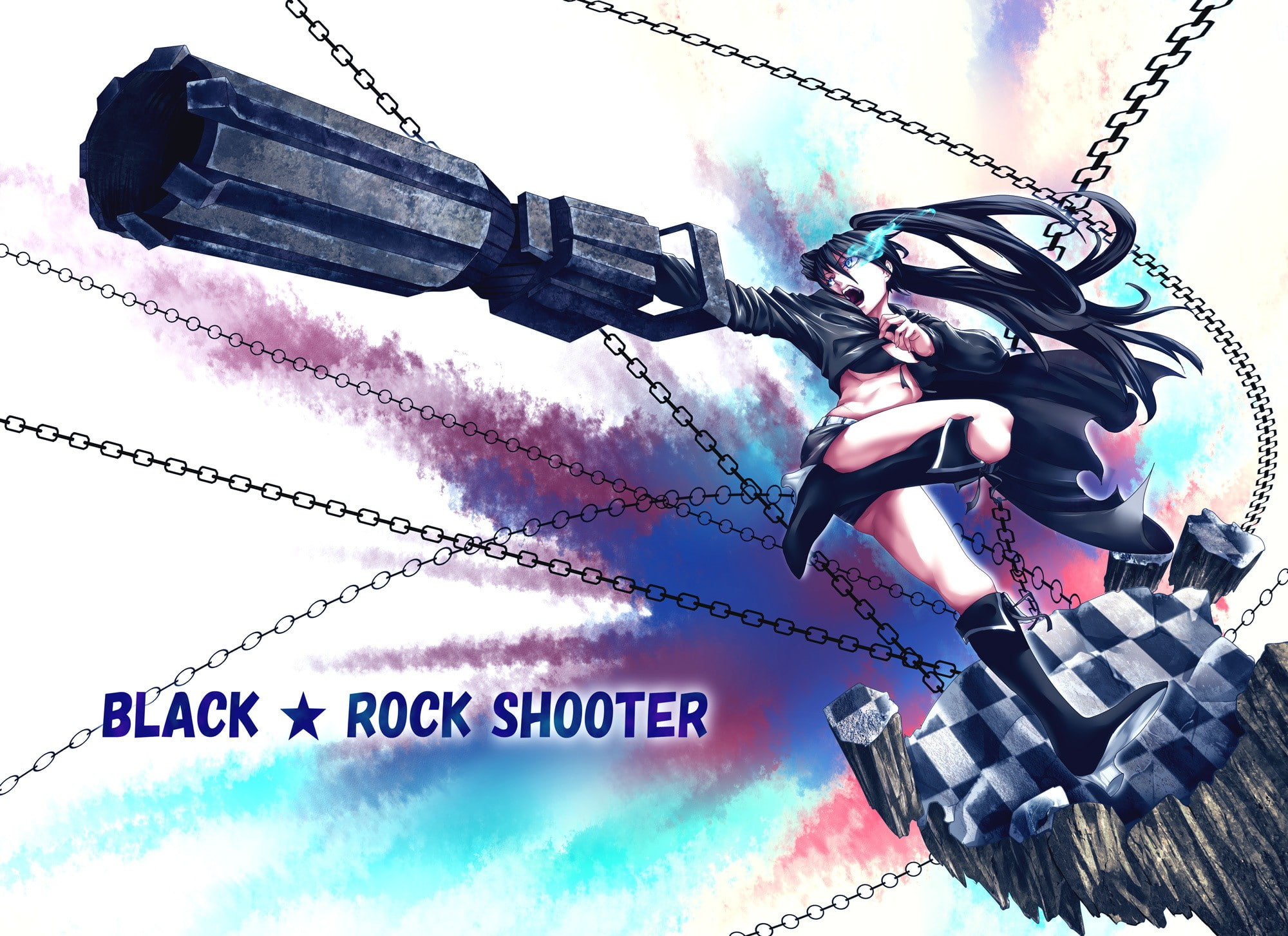 anime girls, sport, Black Rock Shooter, day, sky, men, low angle view, smoke - physical structure, multi colored, lifestyles, winter, anime, holding, cloud - sky, HD Wallpaper