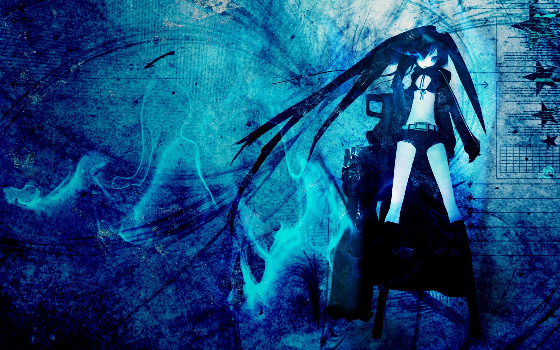 blue, full length, twintails, fear, built structure, wall, Black Rock Shooter, creativity, wall - building feature, architecture, digital composite, anime girls, HD Wallpaper