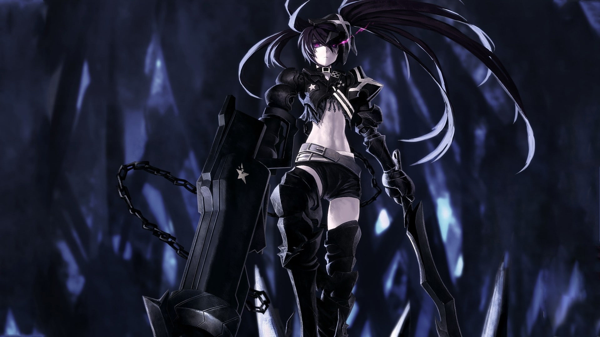 hair, shorts, blac, art, long hair, lowangle, 1080P, Black Rock Shooter, black, insane, kuroi, weapons, people, shot, long, shooter, hd, short, mato, rock, HD Wallpaper