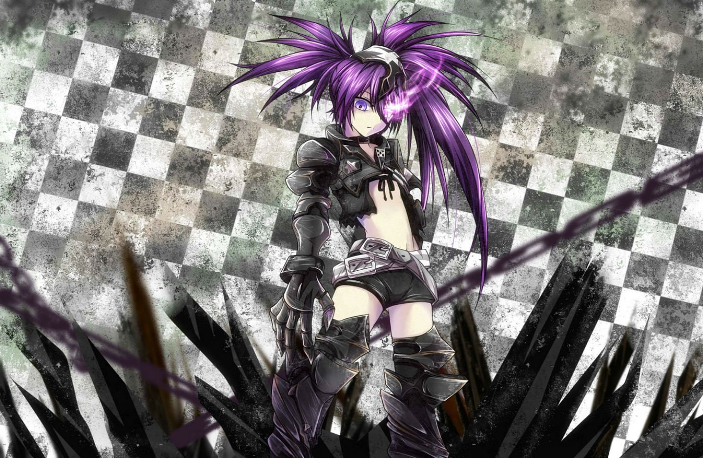 desukingu, eyes, hair, black, insane, shooter, armor, purple, chain, 720P, rock, HD Wallpaper