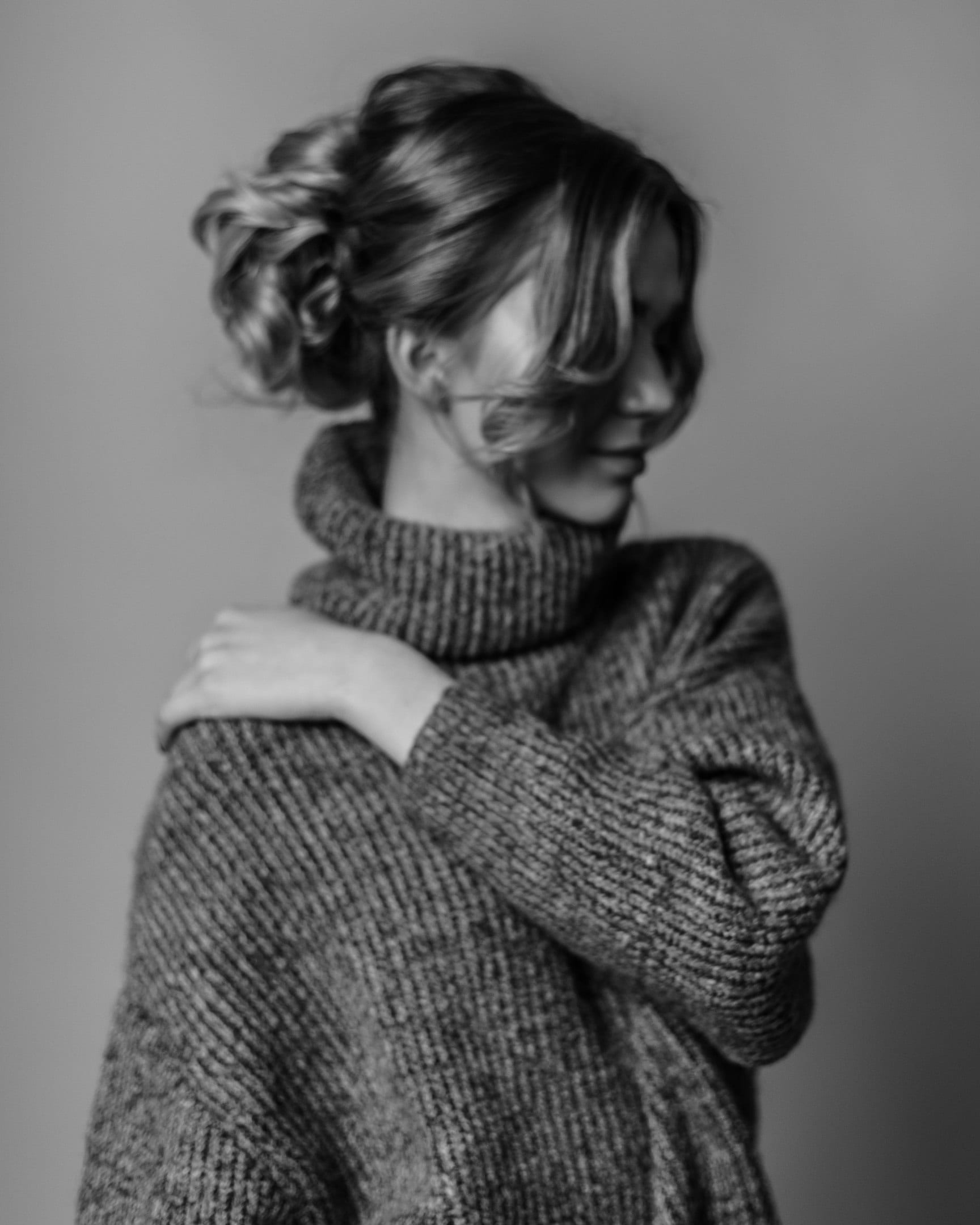 sweater, wearing, indoors, left, female, photography, obscured face, hand, grabbing, 1080P, gray, gray background, one person, portrait, grayscale, jumper, Phone HD Wallpaper