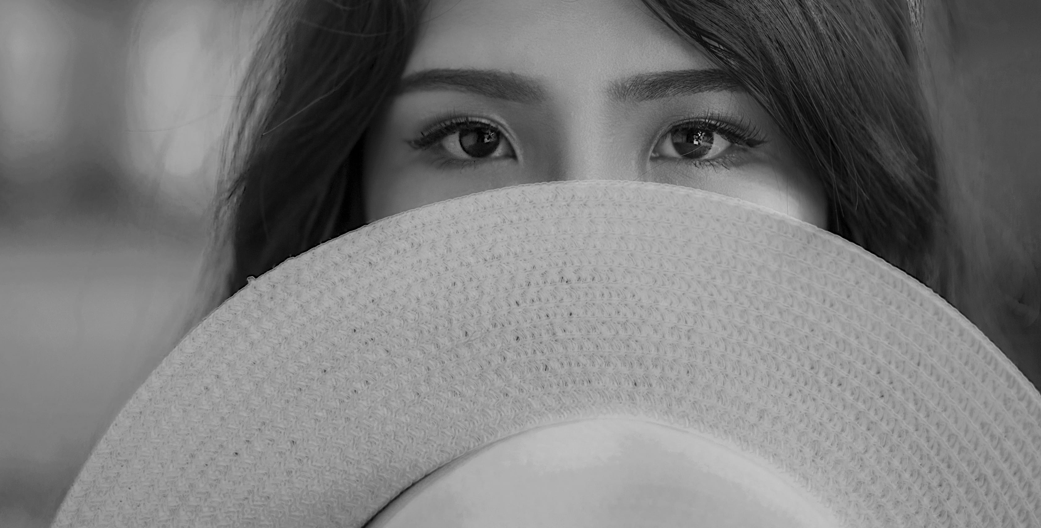 black-and-white, portrait, photography, one person, young, girl, blur, teenager, human face, skin, body part, face, hairstyle, lifestyles, covering, sun, HD Wallpaper
