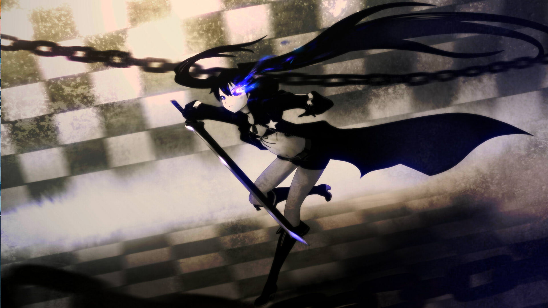indoors, Black Rock Shooter, twintails, 1080P, high angle view, no people, metal, wall - building feature, pattern, focus on foreground, robot, digital composite, HD Wallpaper