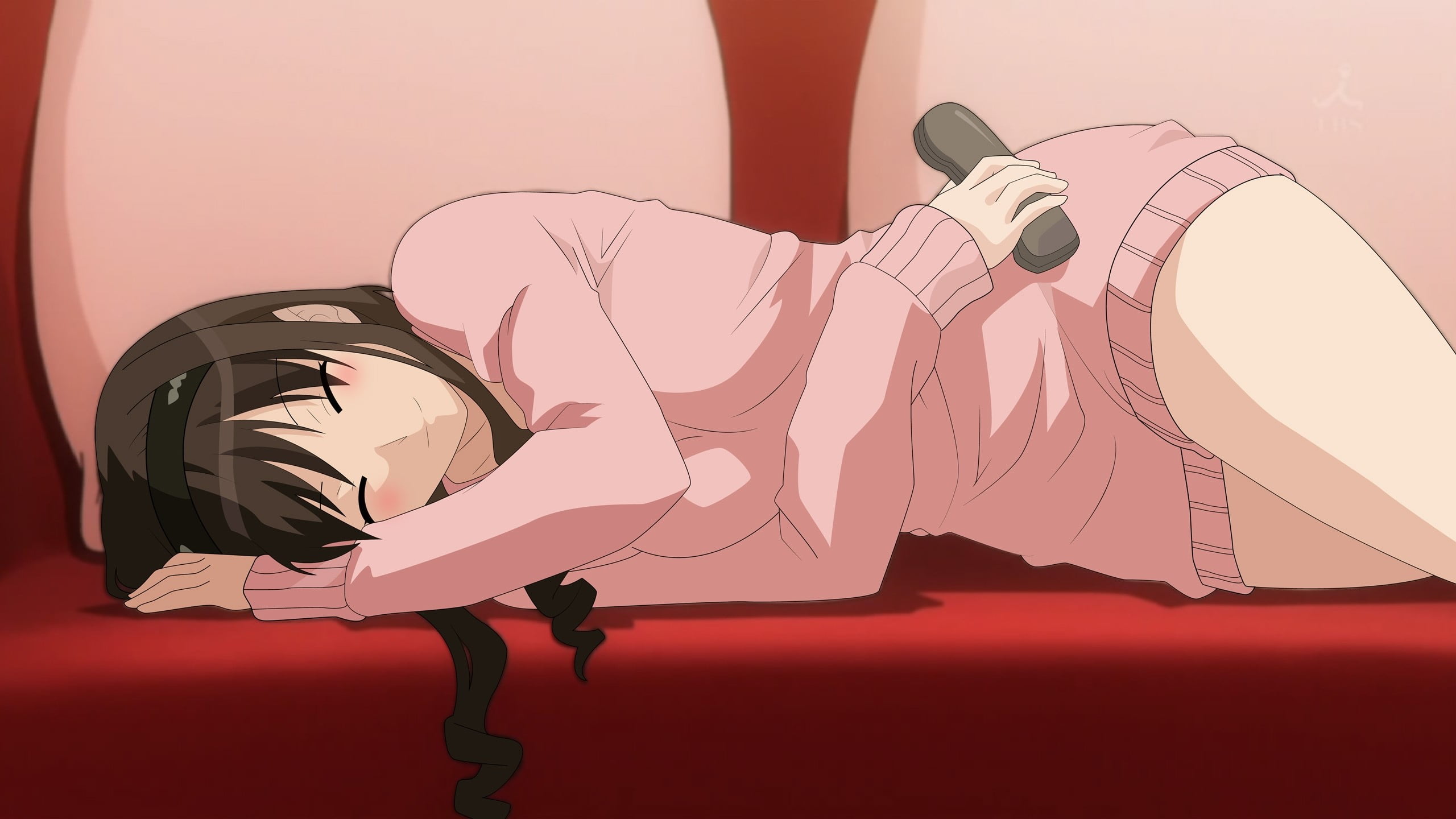 2K, music, Girl, lifestyles, Sofa, light, equipment, red, indoors, Anime, art and craft, close-up, lighting equipment, Brunette, Control, human representation, HD Wallpaper