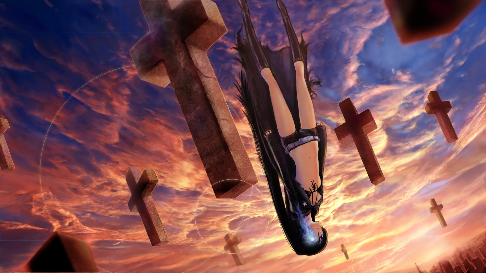 Black Rock Shooter, cross, nature, anime, rock, sky, 1080P, falling, hd, x, art, shooter, girls, black, HD Wallpaper