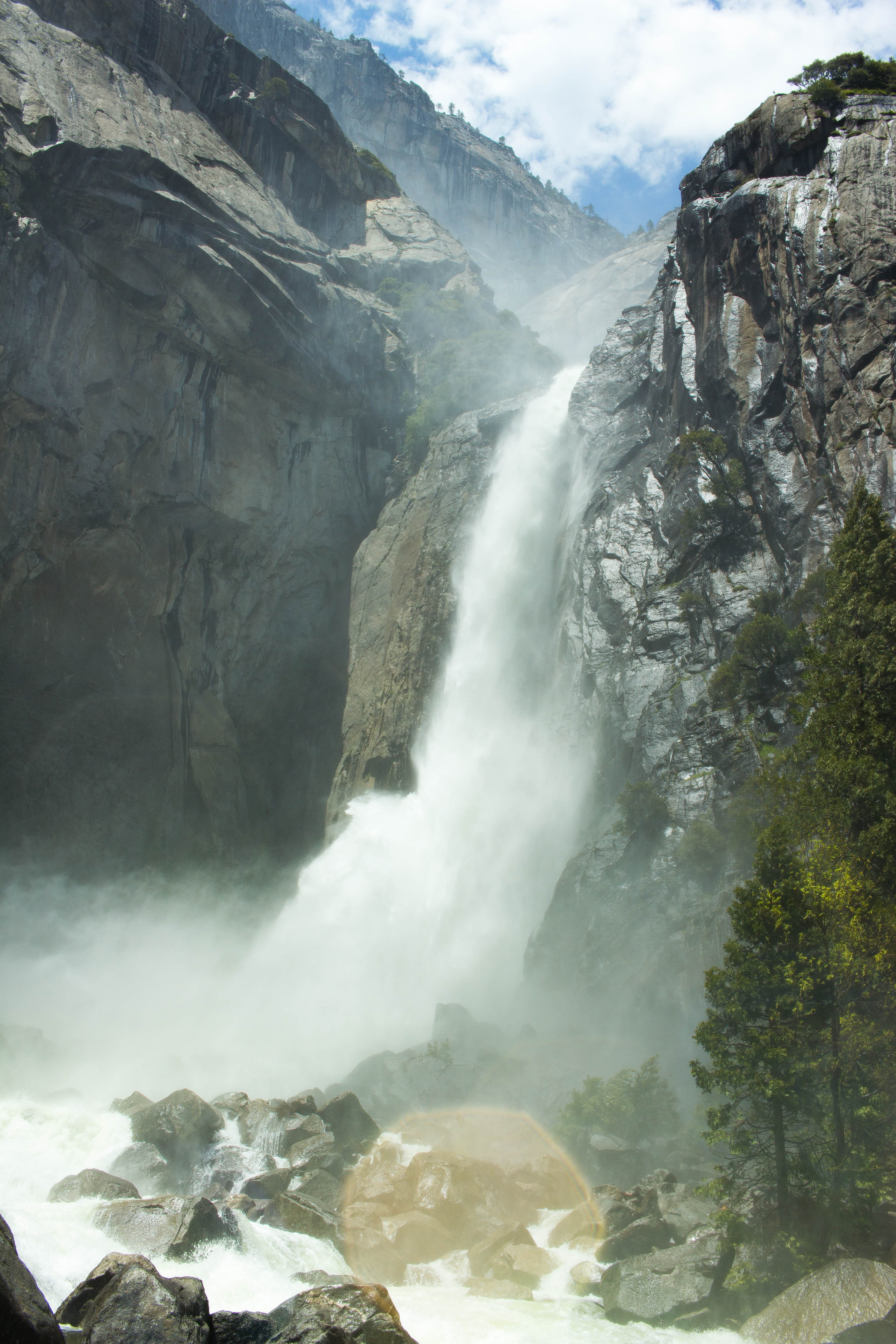 mountains, nature, outdoors, adventure, explore, non-urban scene, rock, waterfall, lower yosemite falls, wild, rock formation, rock - object, solid, formation, Phone HD Wallpaper