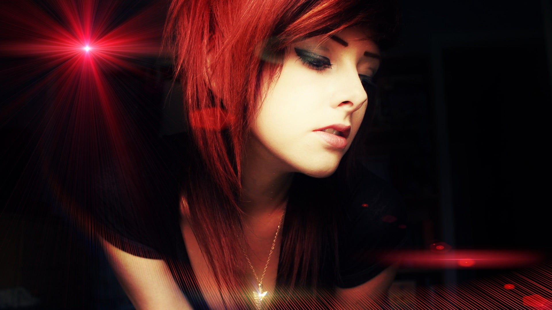 eyeliner, women, Julia Vlasova, nightlife, headshot, model, adult, dyed red hair, red, hairstyle, face, beautiful woman, dark, beautiful people, looking, HD Wallpaper