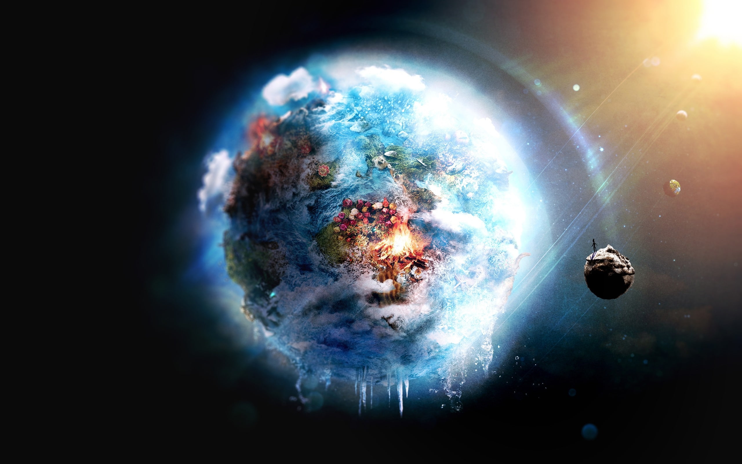 fire, space, outer space, art, futuristic, outer, planets, destruction, x, 2K, earth, hd, world, frozen, HD Wallpaper