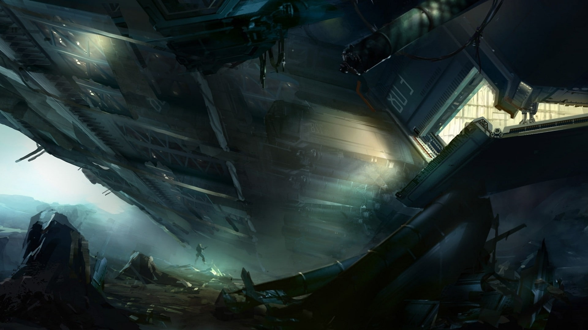 dark, hangar, hd, hal, fiction, vehicles, Cartoons, outer, science, outer space, artwork, art, 1080P, fantasy, space, landing, abstract, spaceships, HD Wallpaper