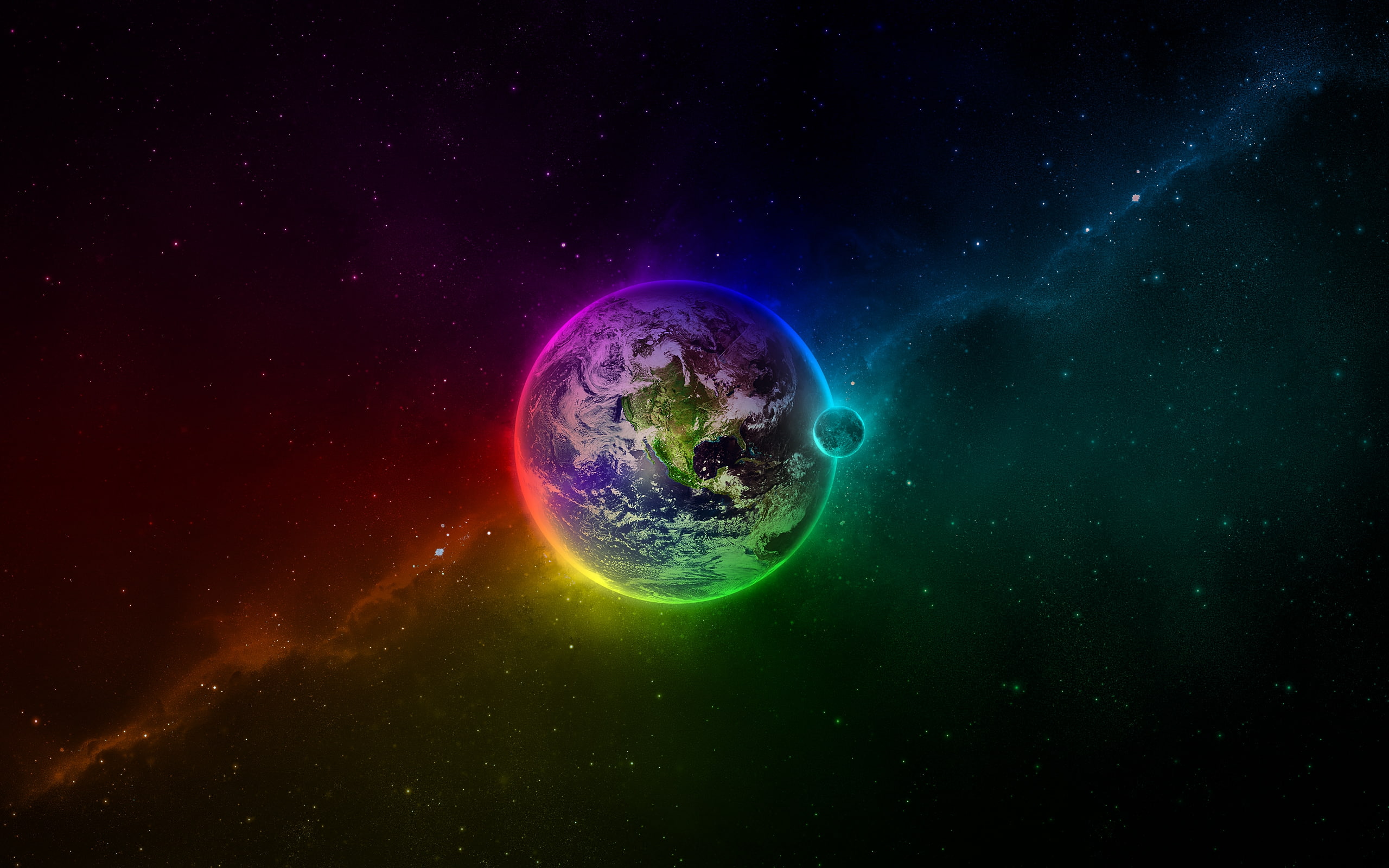 outer, space, art, 2K, hd, outer space, earth, rainbows, planets, stars, x, HD Wallpaper