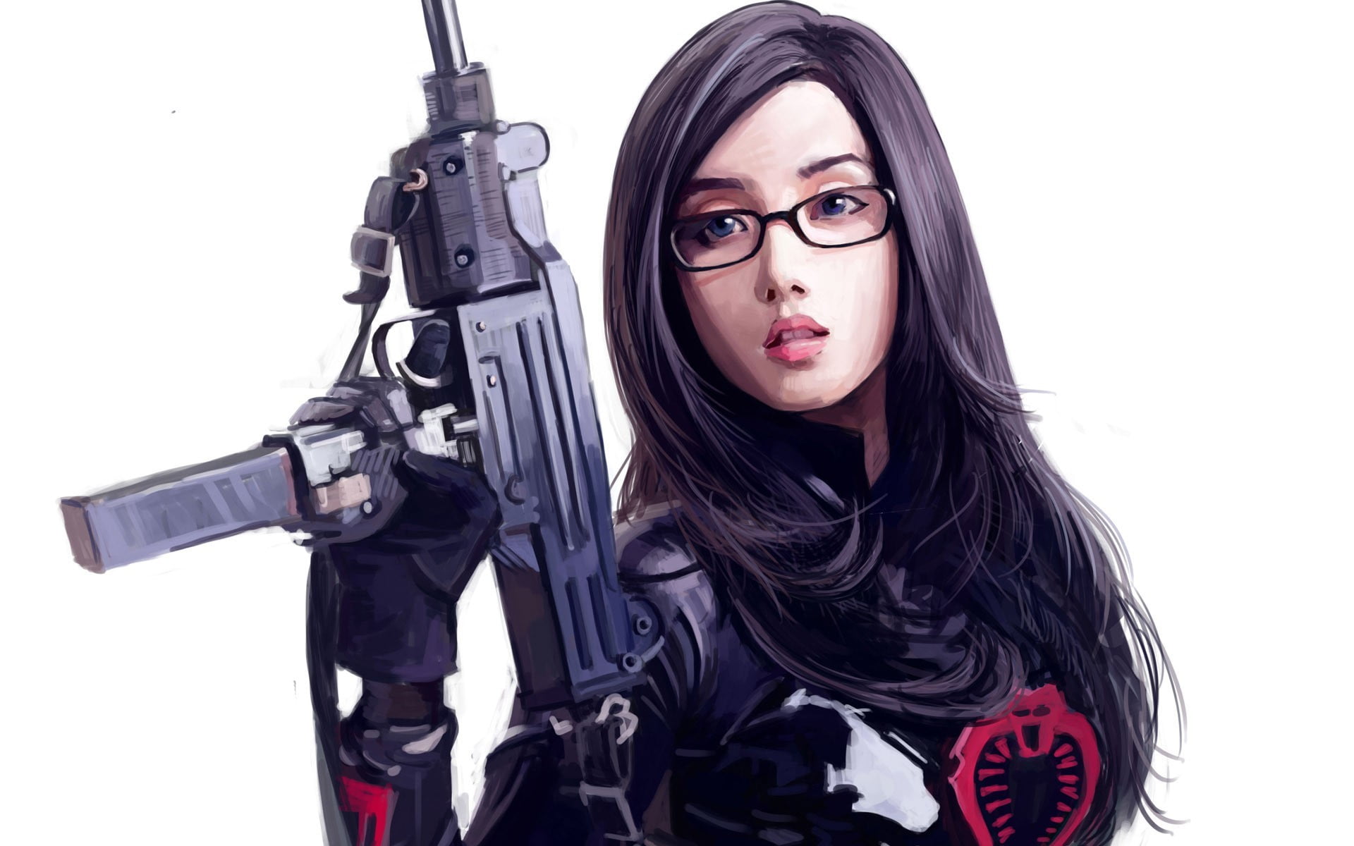 weapon, front view, gun, conflict, G.I. Joe, artwork, cut out, 1080P, one person, uzi, simple background, black color, women with glasses, studio shot, HD Wallpaper