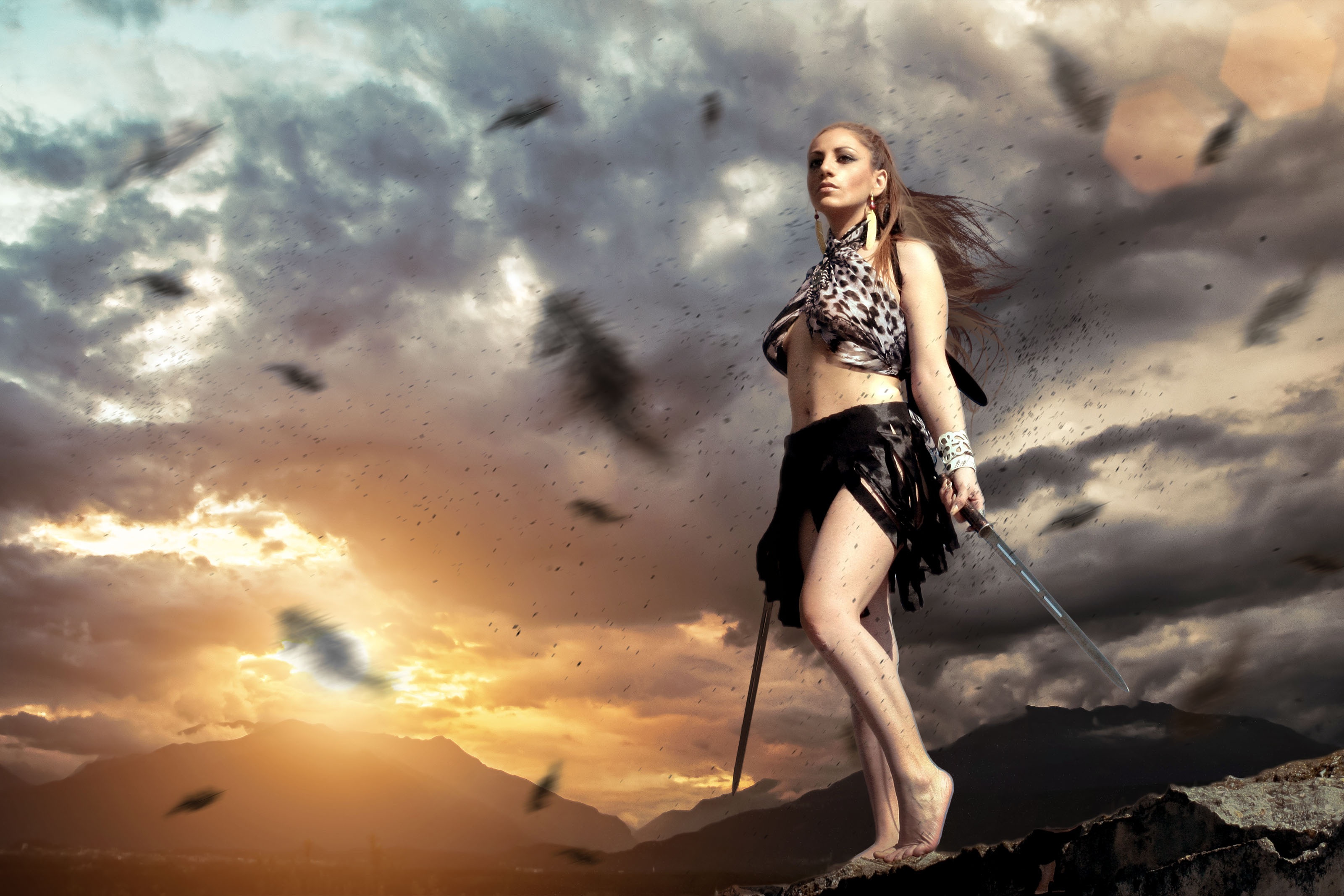 cloud - sky, young adult, beauty, beautiful woman, female, warrior, 2K, two, black, sword, adult, hairstyle, graphic, fashion, swords, one person, HD Wallpaper