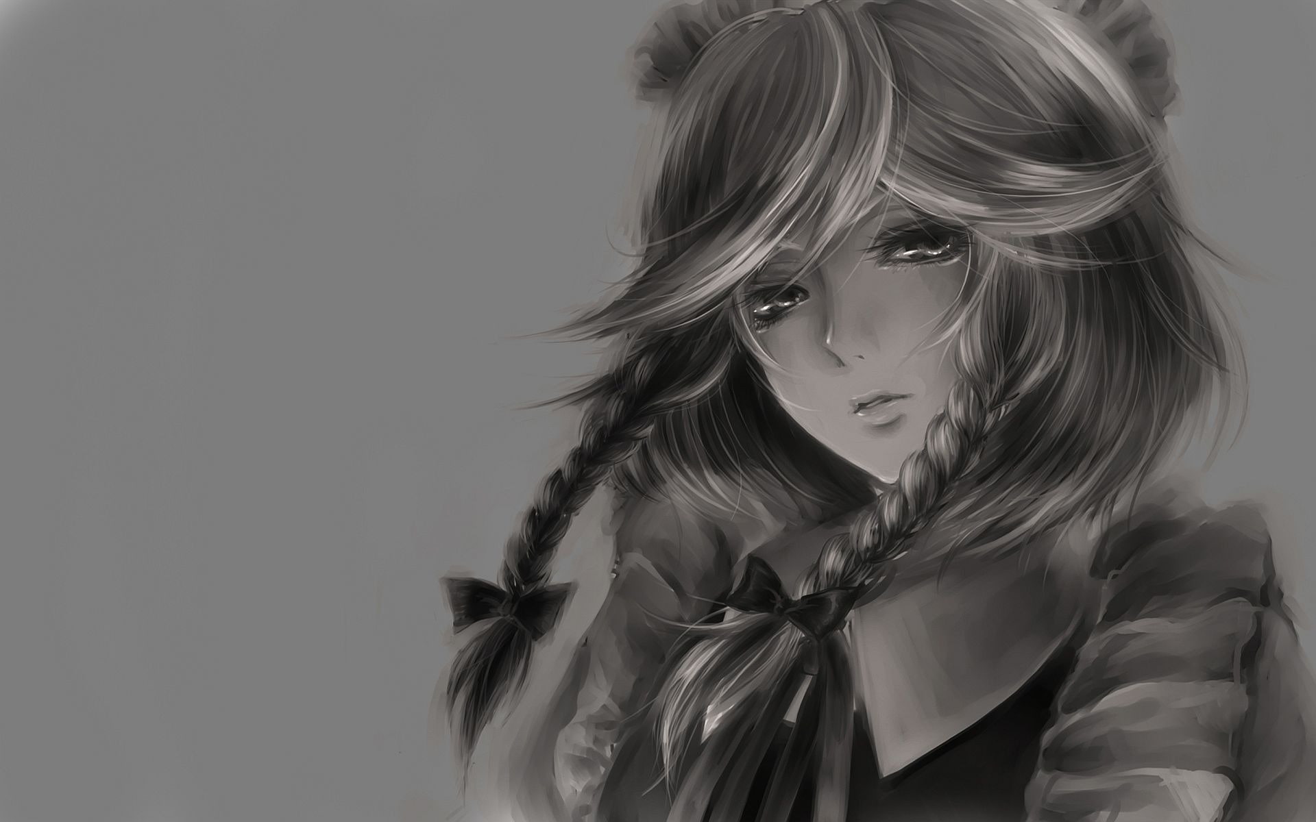face, haired, anime, gray, bw, drawing, female, 1080P, character, digital/artwork, hd, HD Wallpaper
