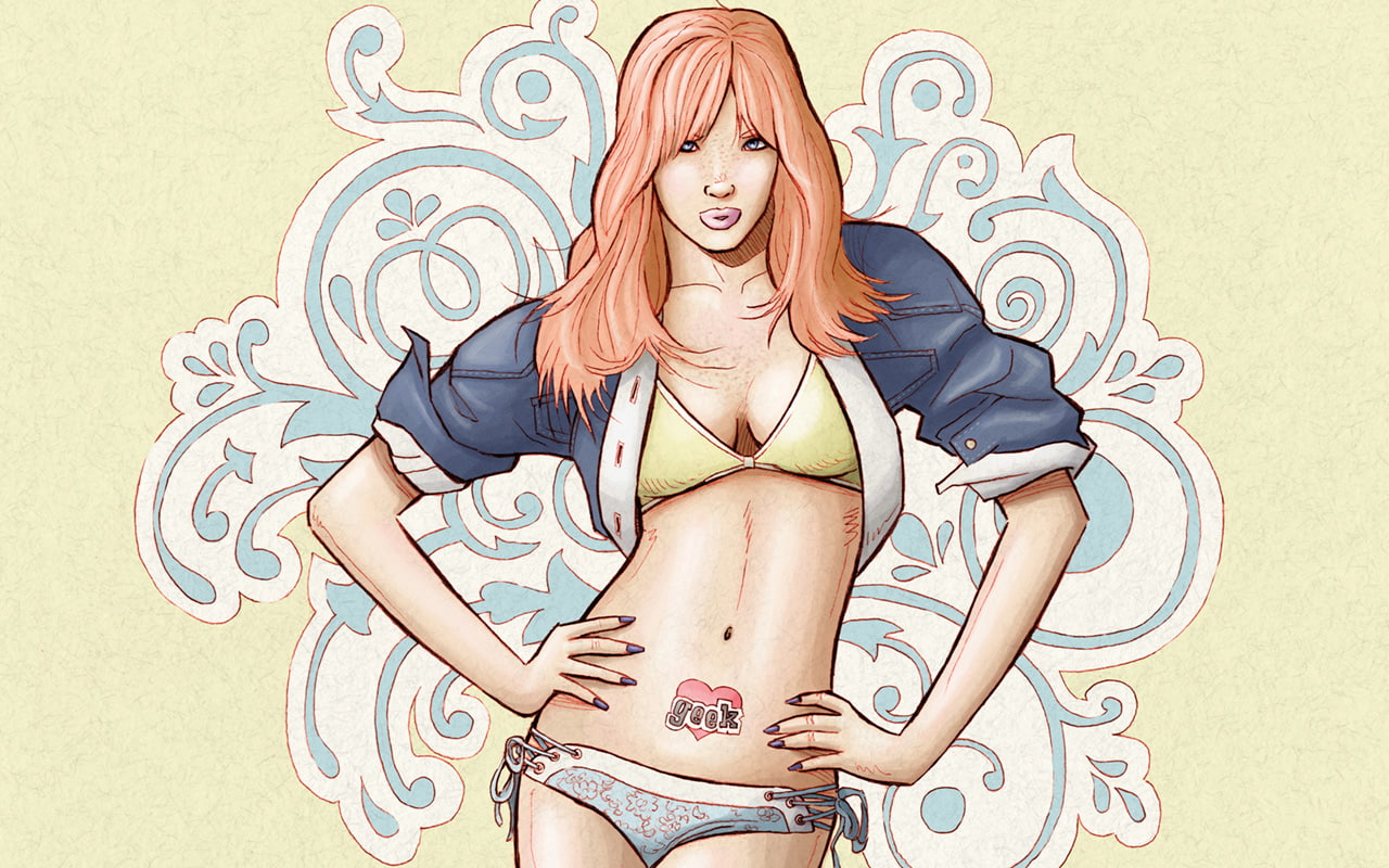 drawing, digital/artwork, gray, 720P, hd, yellow, illustration, panty, bra, haired, woman, redhead, orange, HD Wallpaper