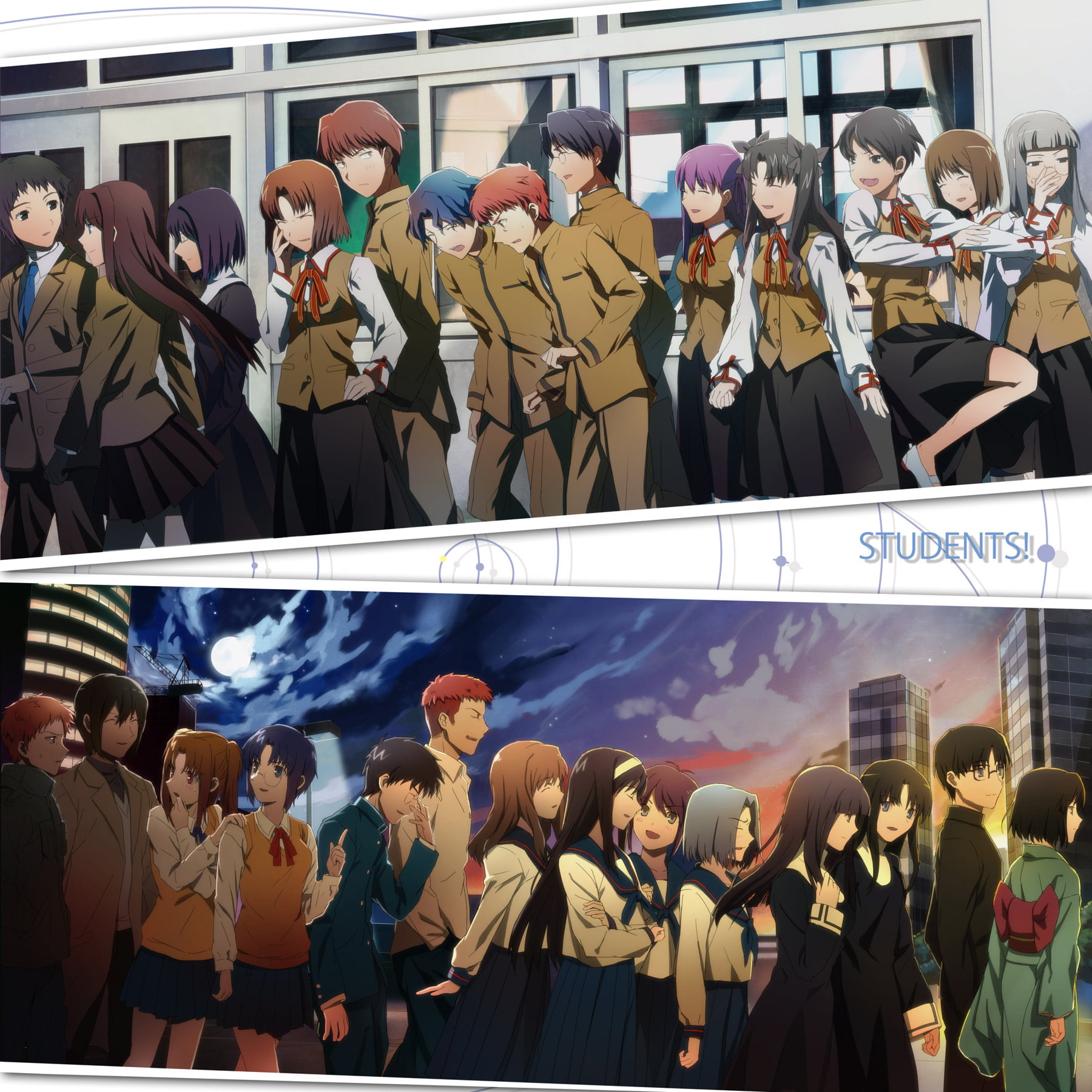 Asagami Fujino, Kokutou Azaka, men, Fate/Stay Night, Fate Series, Kara no Kyoukai, crowd, looking, clothing, architecture, Shirou Emiya, adult, large group of people, Phone HD Wallpaper