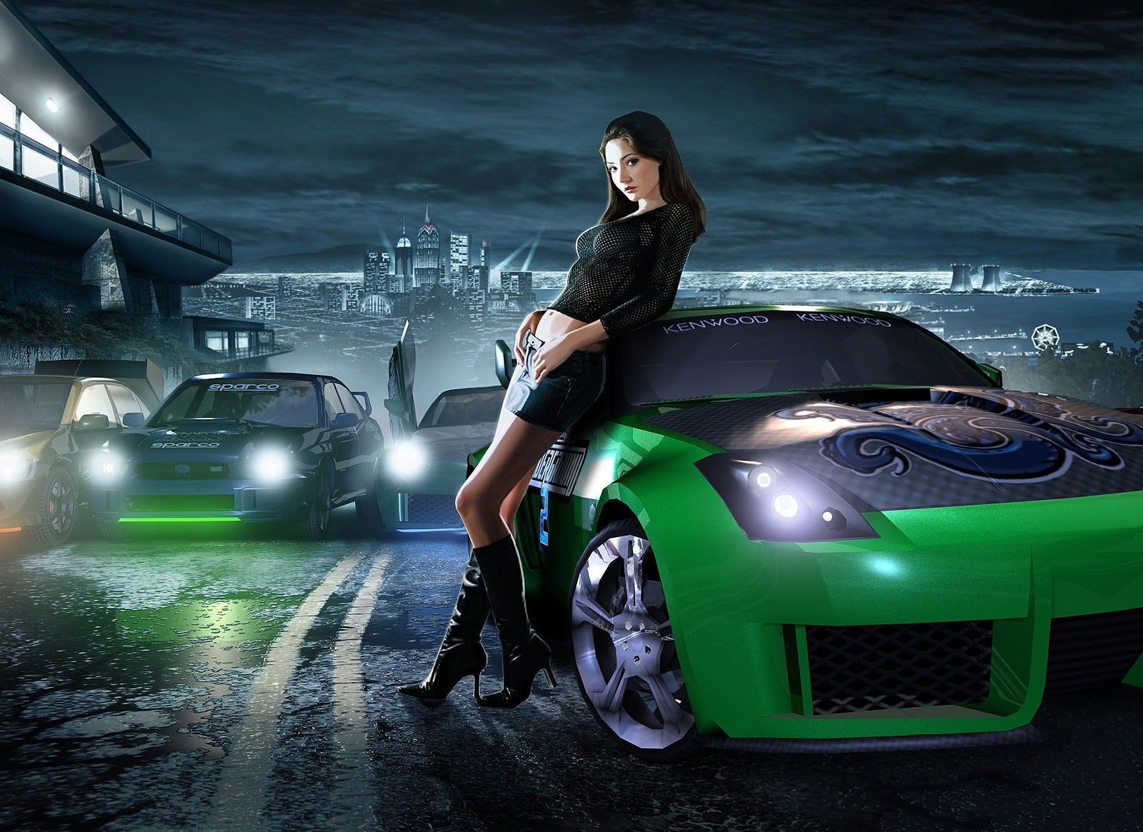 headlight, young women, young adult, front view, transportation, car, mode of transportation, 720P, land vehicle, need for speed underground 2, standing, HD Wallpaper