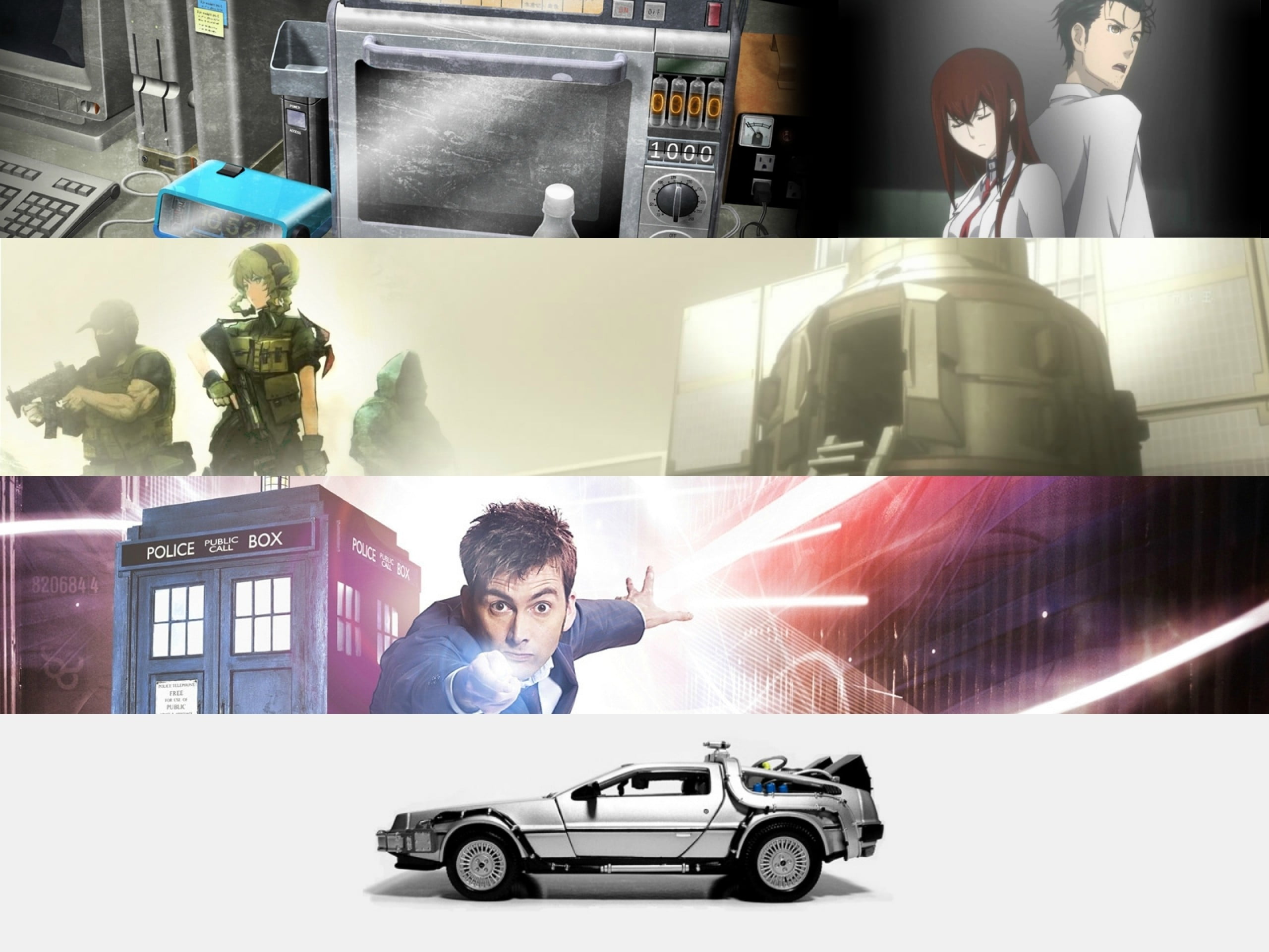 time travel, day, land vehicle, human representation, creativity, Back to the Future, young men, motor vehicle, collage, 2K, standing, digital composite, HD Wallpaper