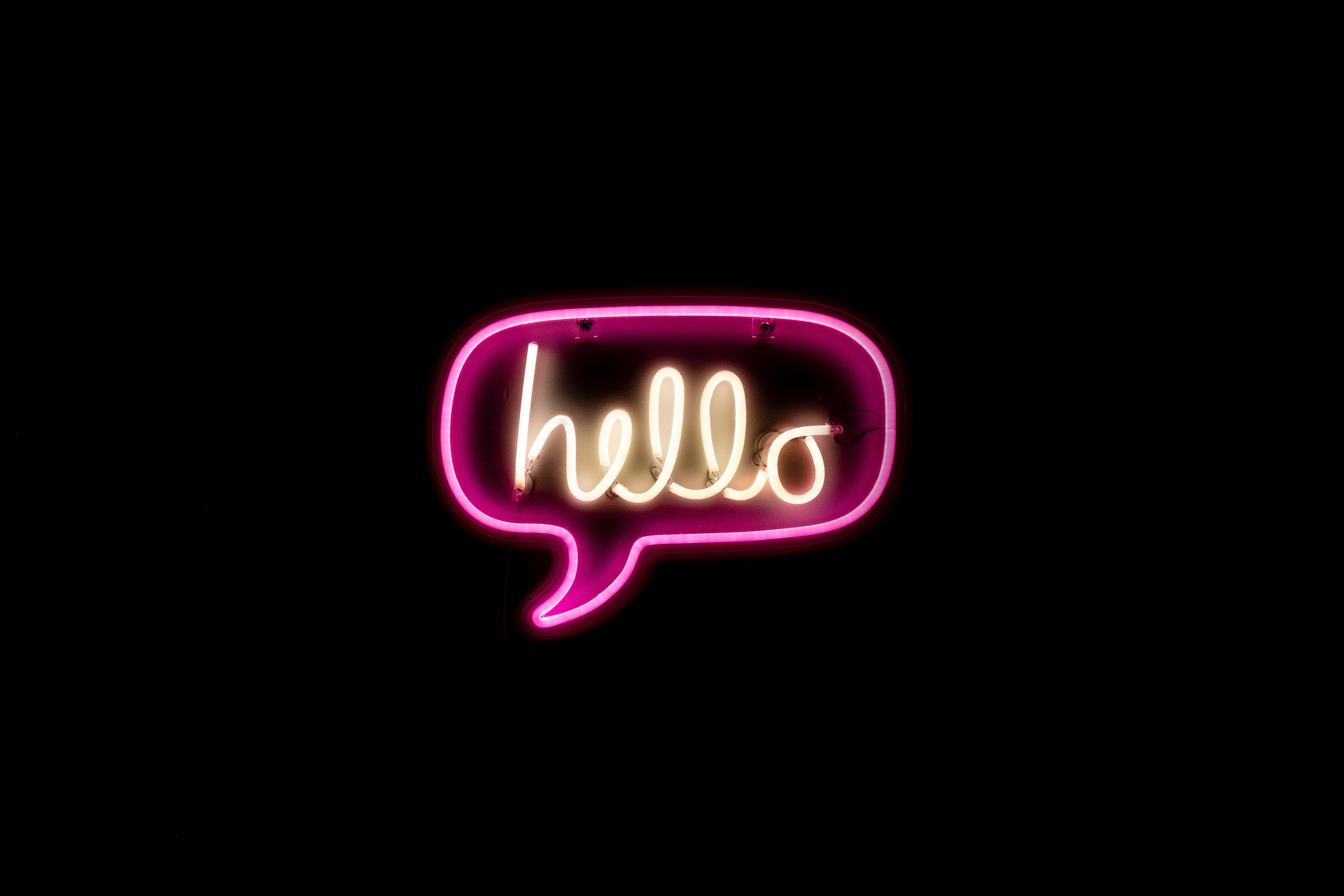 minimalism, neon, hi, 5K, the word, black, background, hello, sign, HD Wallpaper