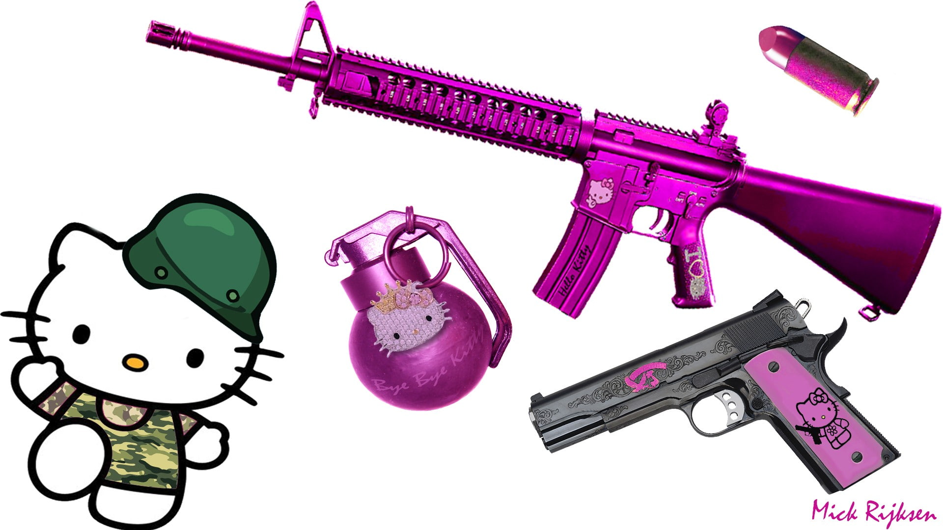 pistol, Hello Kitty, pink, 1080P, ammunition, army, HD Wallpaper