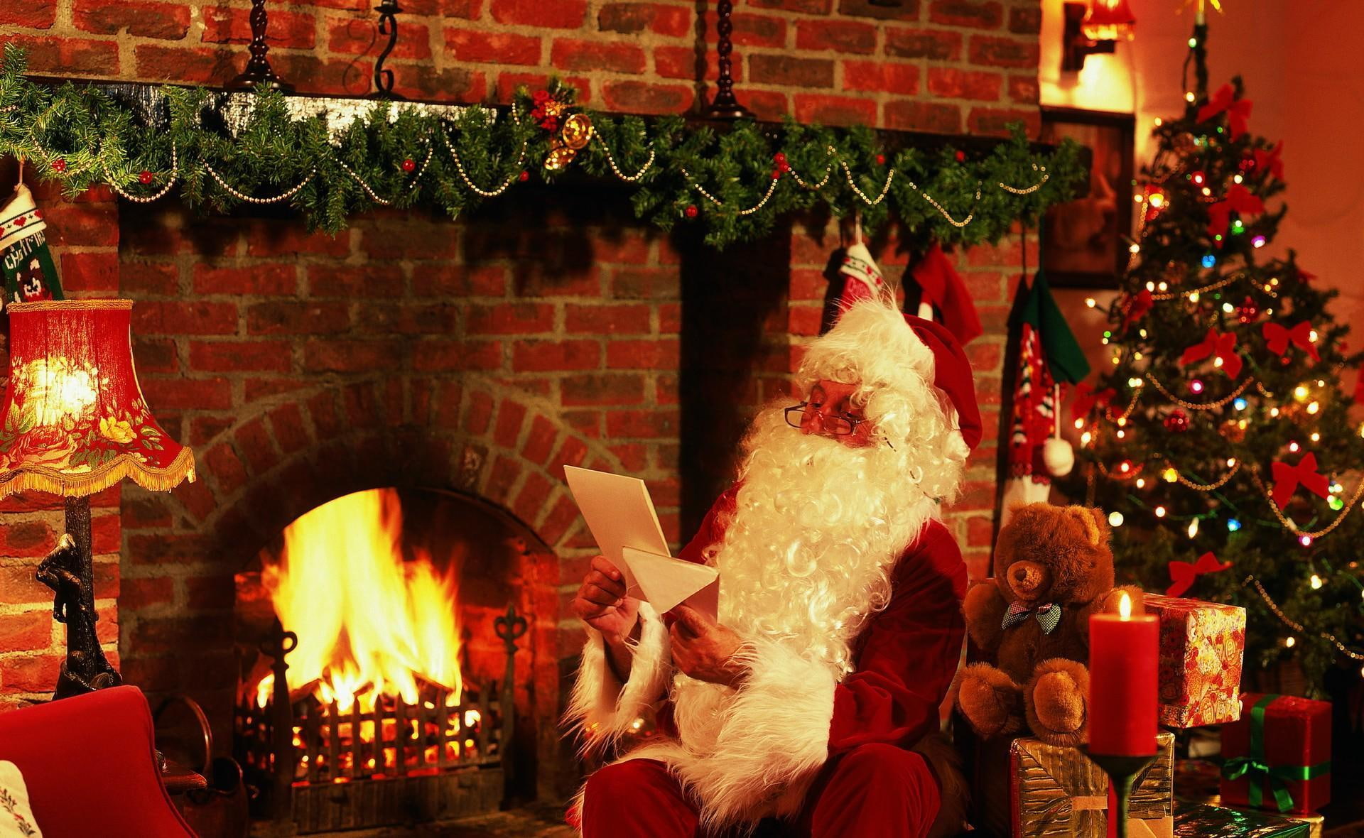 christmas, gifts, bear, fireplace, year, christmas tree, santa claus, new year, teddy bear, 1080P, claus, letter, tree, new, santa, candle, teddy, HD Wallpaper