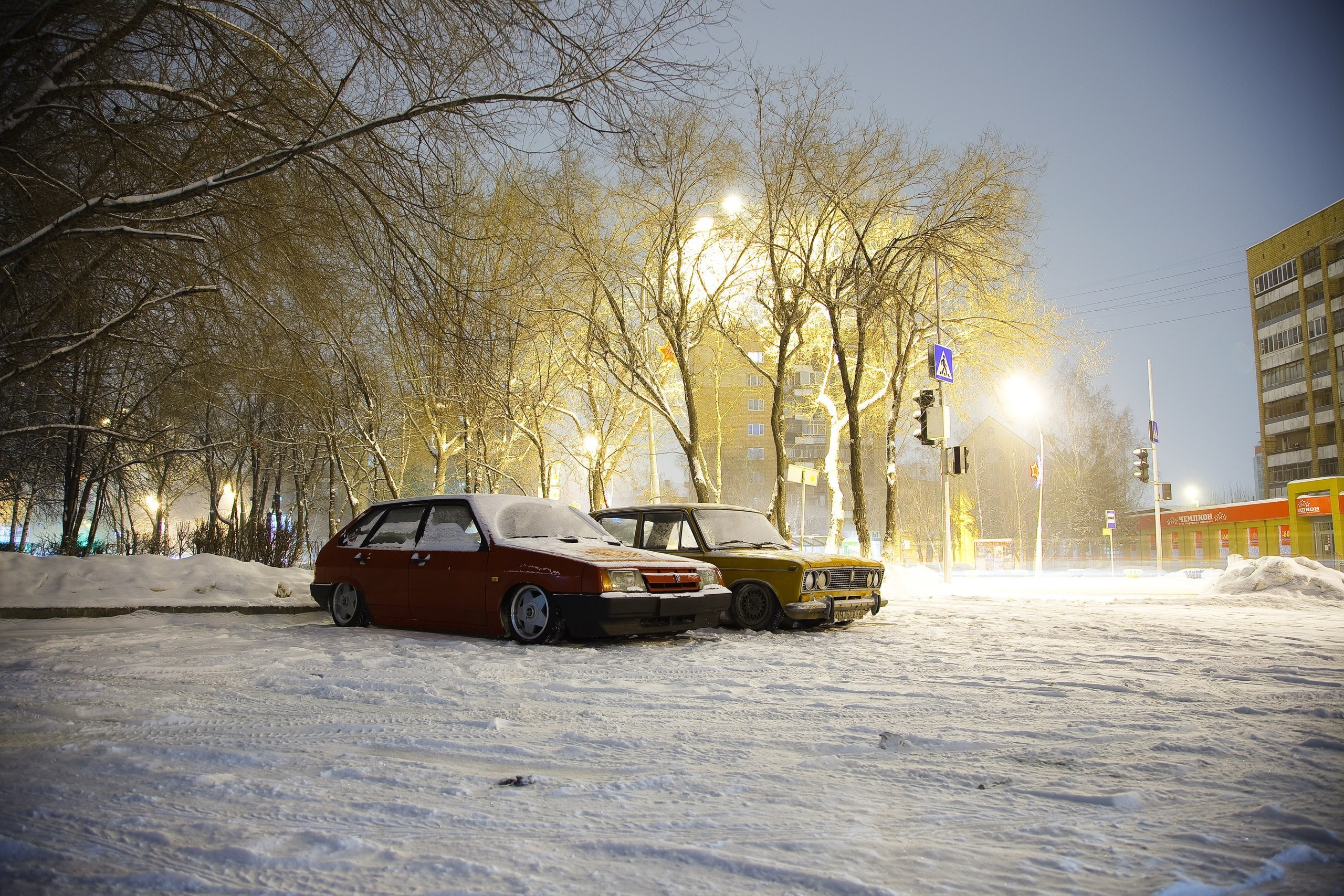 2K, plant, cold temperature, road, bare tree, winter, snow, building exterior, car, Without Landing Auto No, red, nature, motor vehicle, hatchback, door, HD Wallpaper