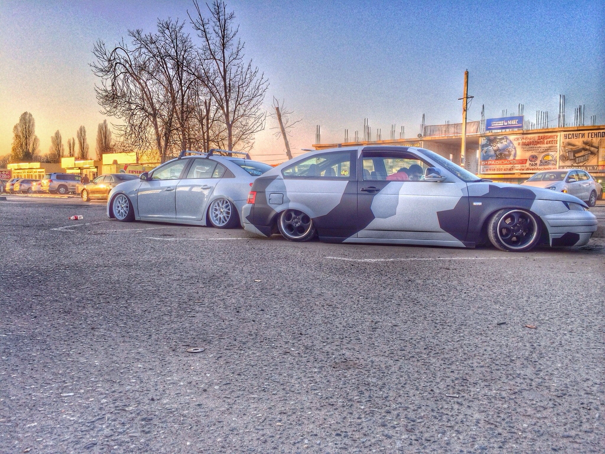 sedans, car, transportation, street, Without Landing Auto No, Auto, road, 2112, coupe, bare tree, sky, day, gray, two, camouflage, 1080P, Lada, city, no people, HD Wallpaper