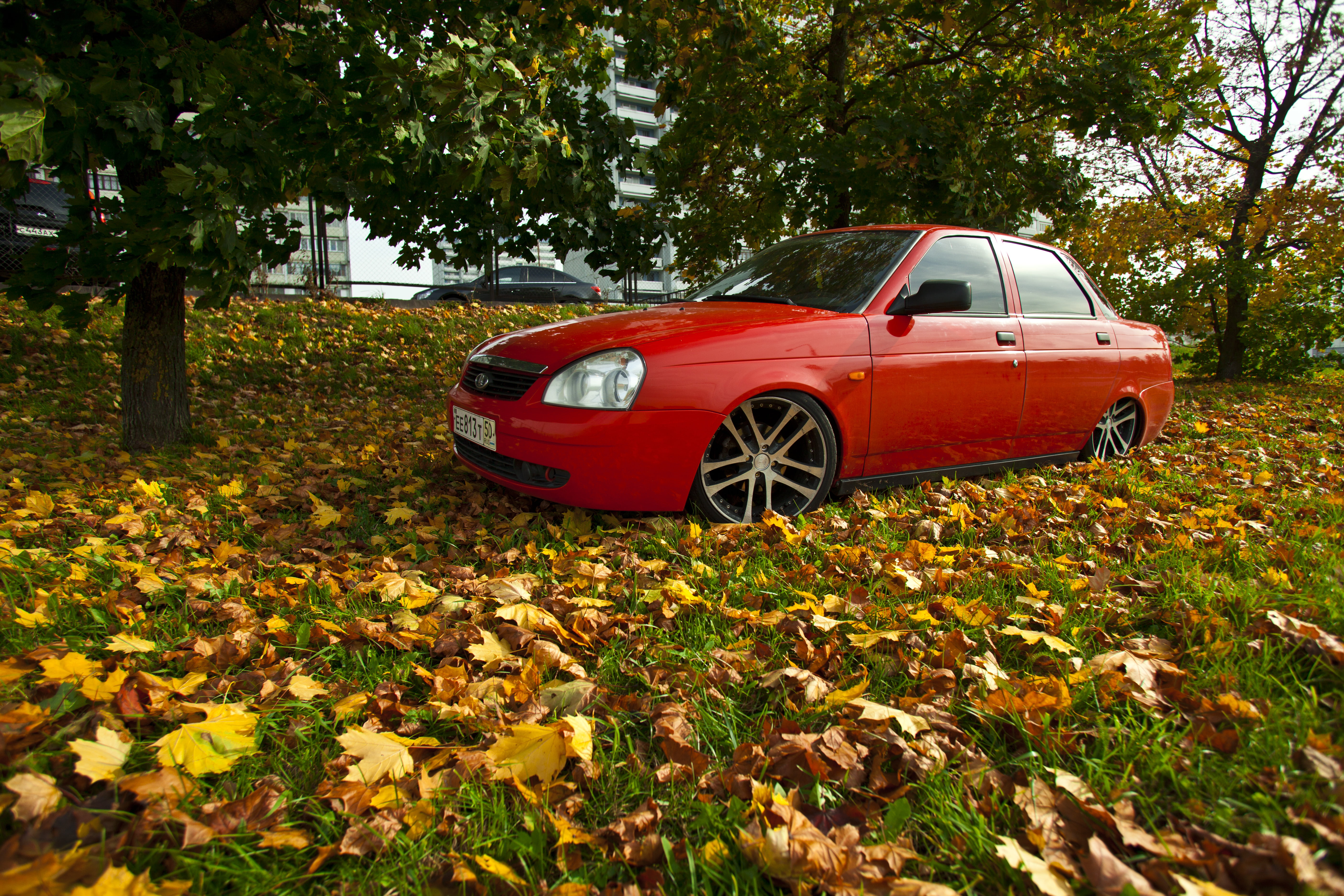 sedan, summer, drives, auto, mode of transportation, tree, 5K, Priora, park, yellow, autumn, side, leaves, grass, change, BPAN, red, mode of Transport, HD Wallpaper